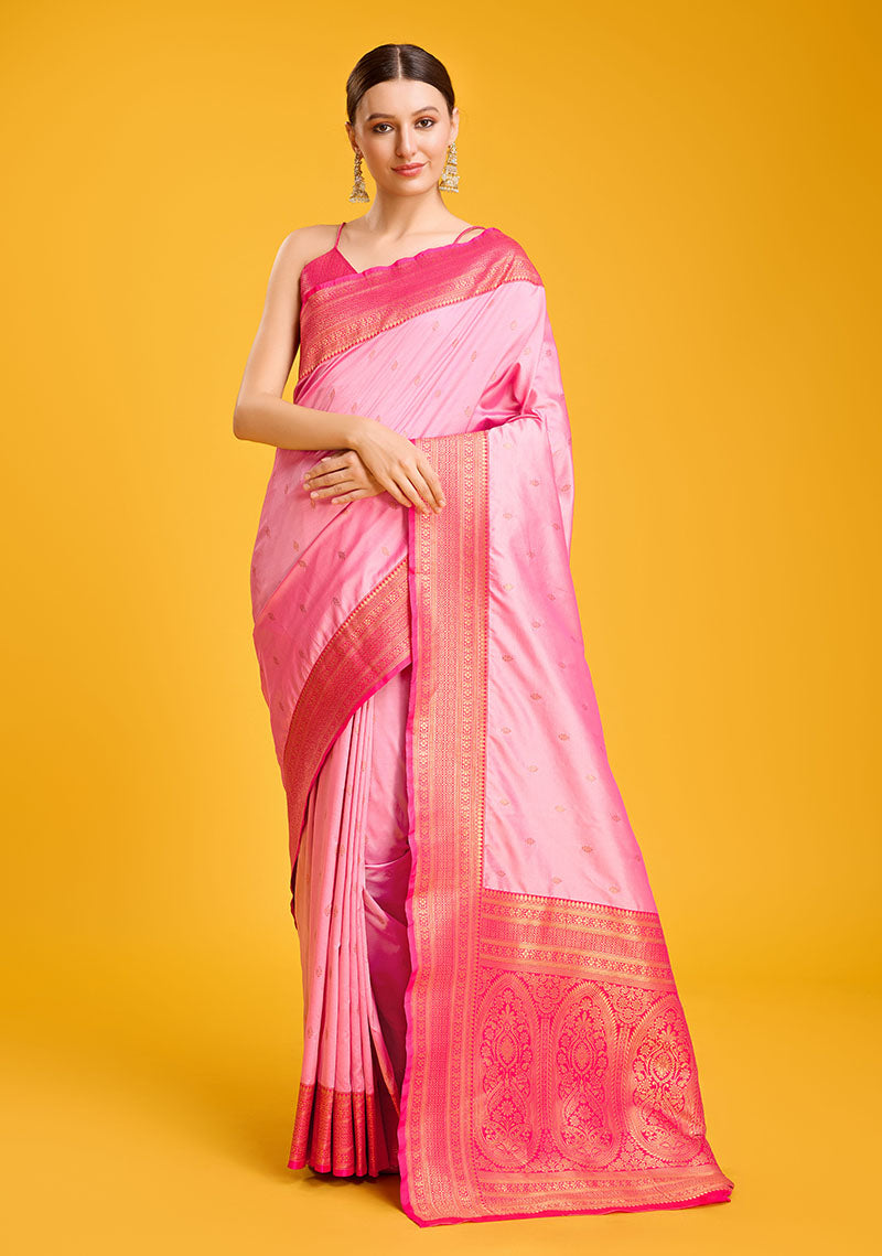 Women's Buy Online Light Pink Colour Woven Banarasi Silk Saree - Monjolika