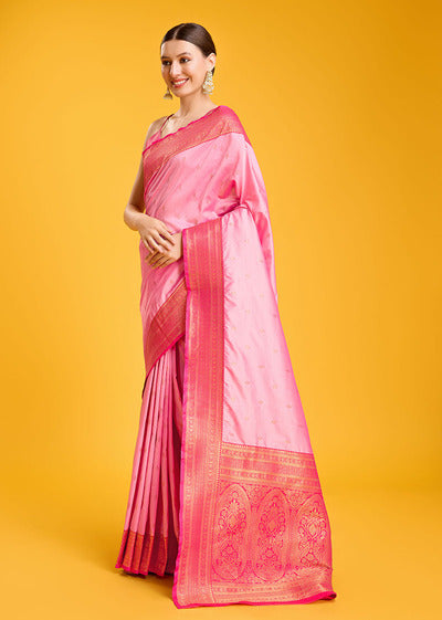 Women's Buy Online Light Pink Colour Woven Banarasi Silk Saree