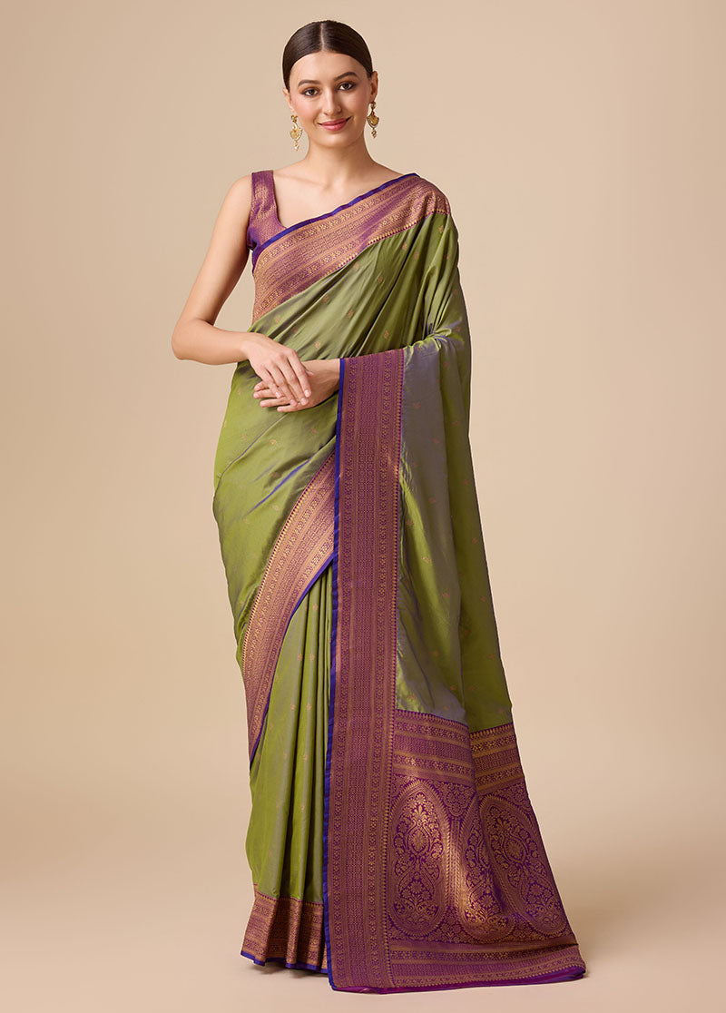 Women's Buy Online Olive Green Colour Woven Banarasi Silk Saree - Monjolika