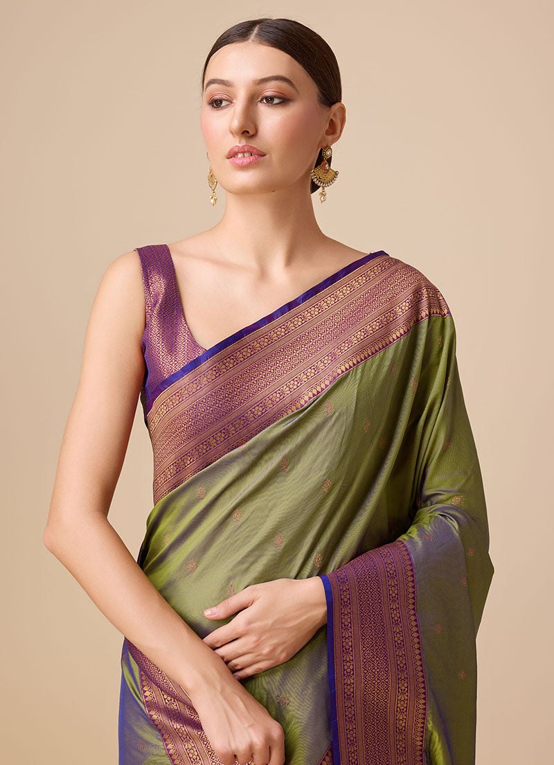 Women's Buy Online Olive Green Colour Woven Banarasi Silk Saree - Monjolika