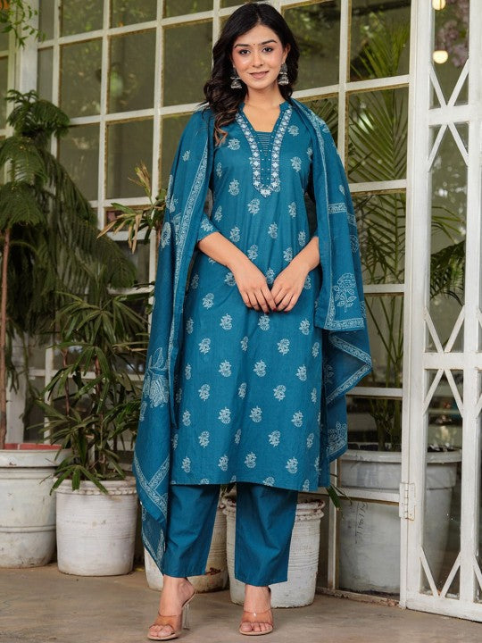 Women's Floral Printed V-Neck Pure Cotton Straight Kurta Palazzos & With Dupatta - Taantav