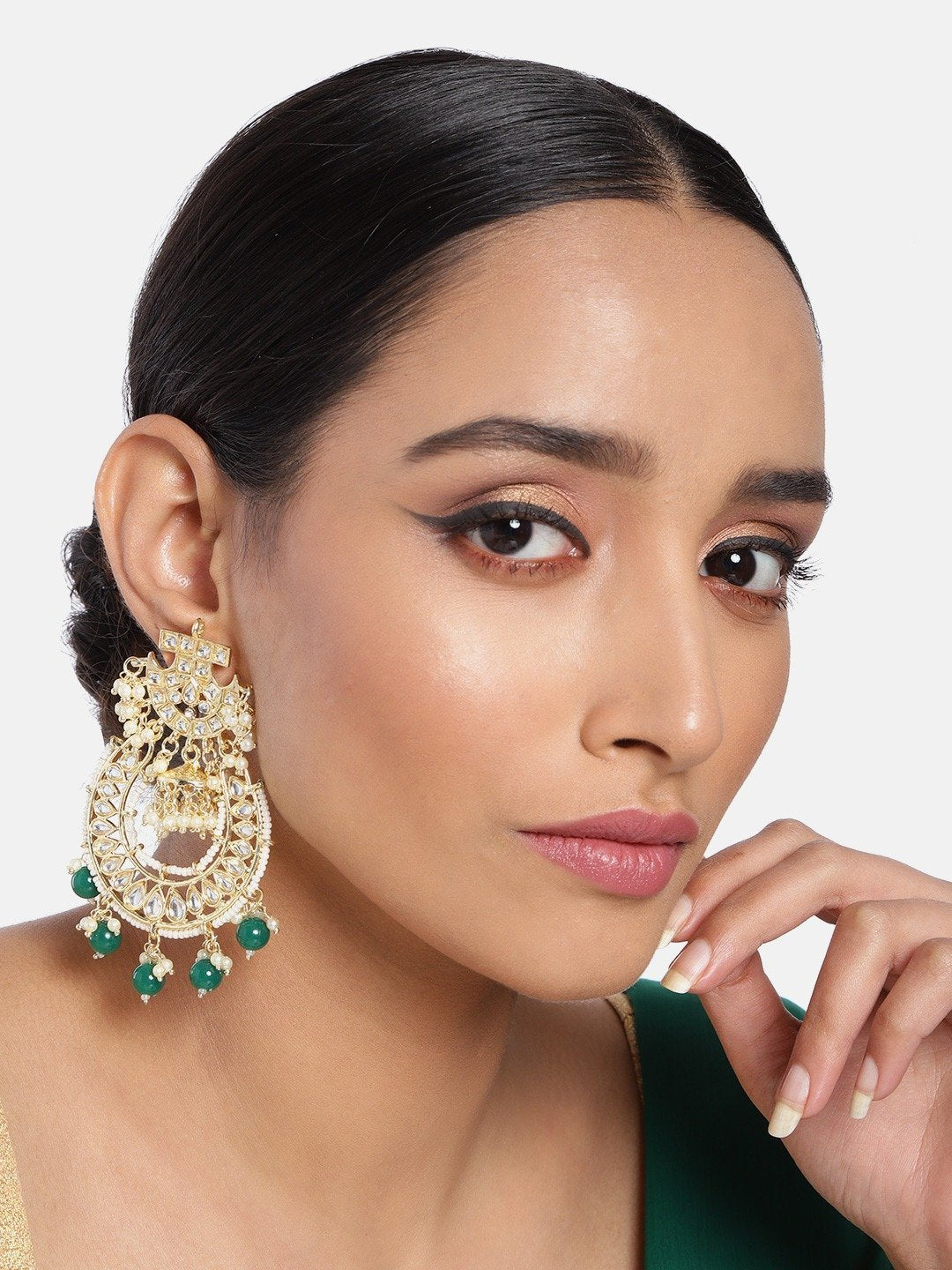 Women's  Gold Plated Kundan & Pearl Handcrafted Green Jhumki