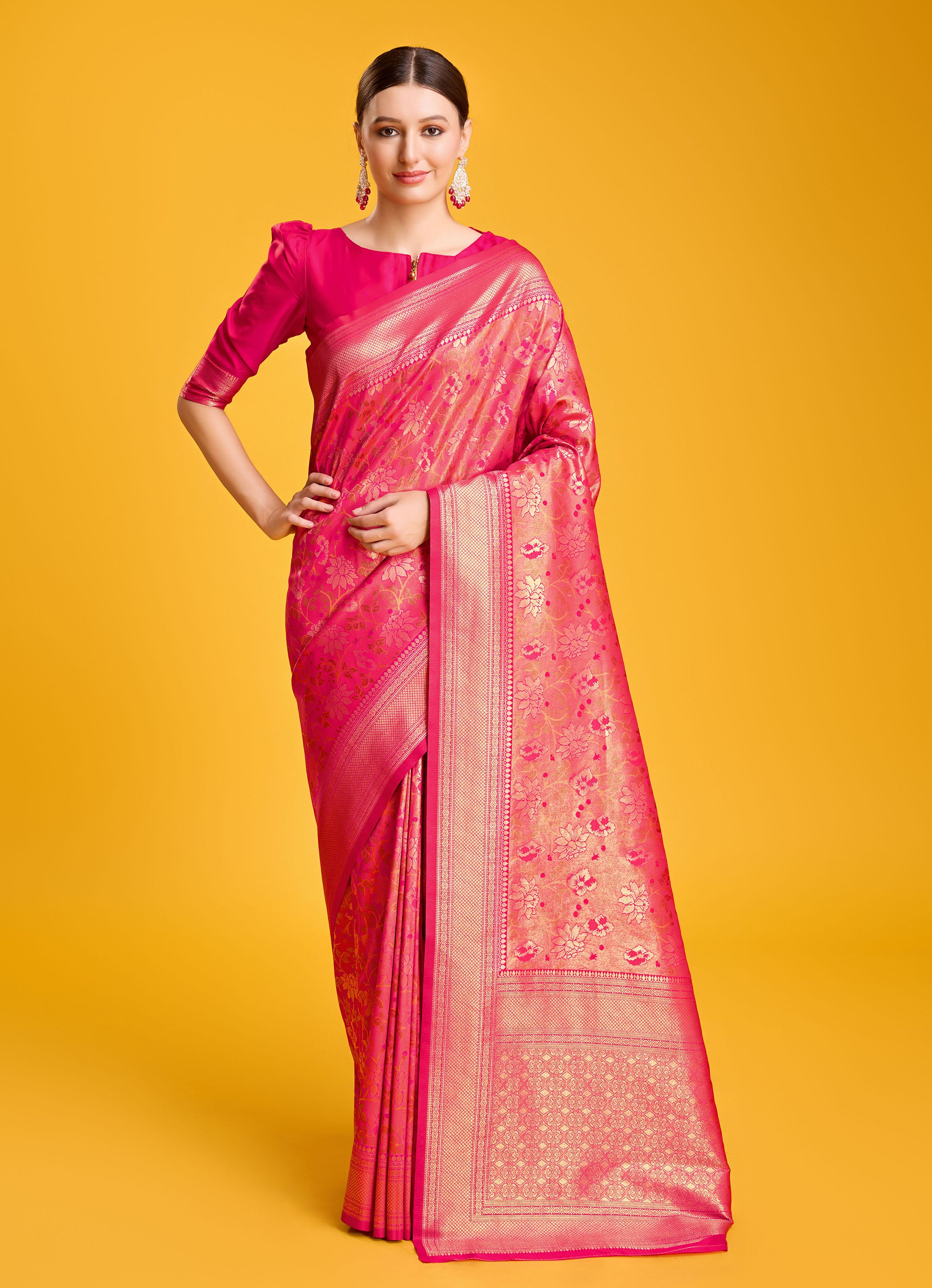 Women's Buy Online Rani Pink Colour Hand Woven Banarasi Silk Saree - Monjolika