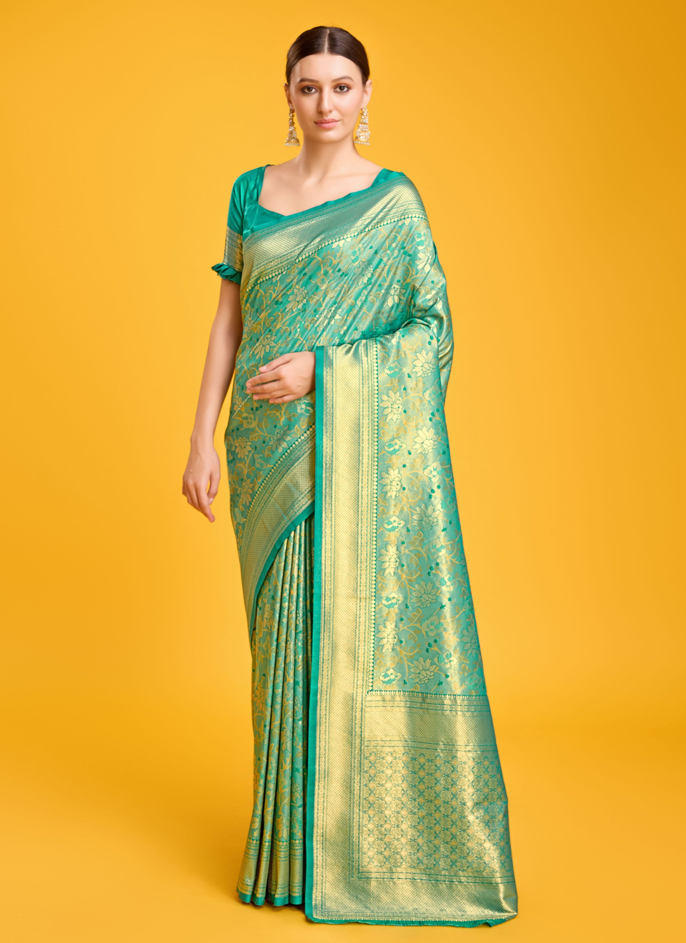 Women's Buy Online Turquoise Colour Hand Woven Banarasi Silk Saree - Monjolika