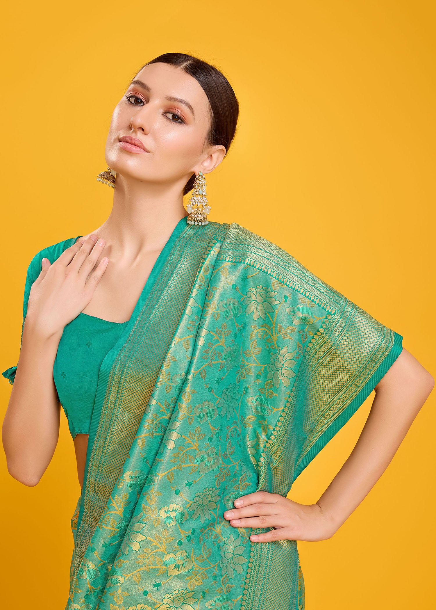 Women's Buy Online Turquoise Colour Hand Woven Banarasi Silk Saree - Monjolika