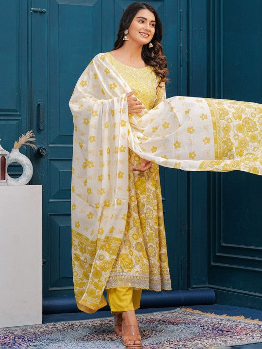 Women's Floral Embroidered Regular Cotton Kurta with Trousers & With Dupatta