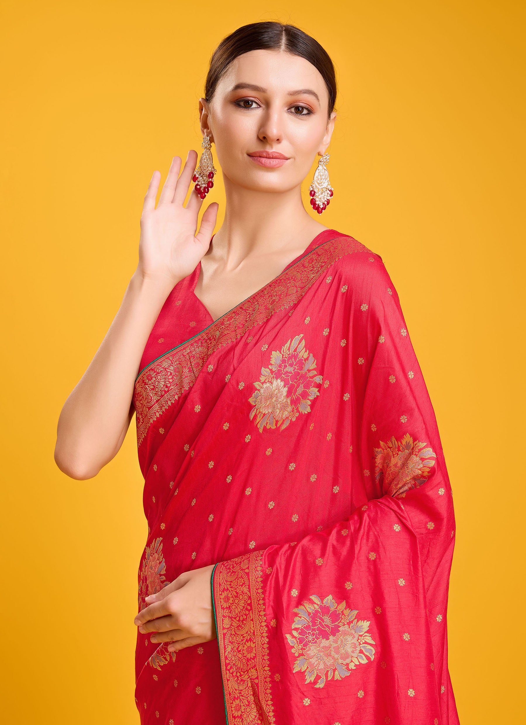 Women's Buy Designer Red Colour Dola Silk Weaving Indian Saree - Monjolika