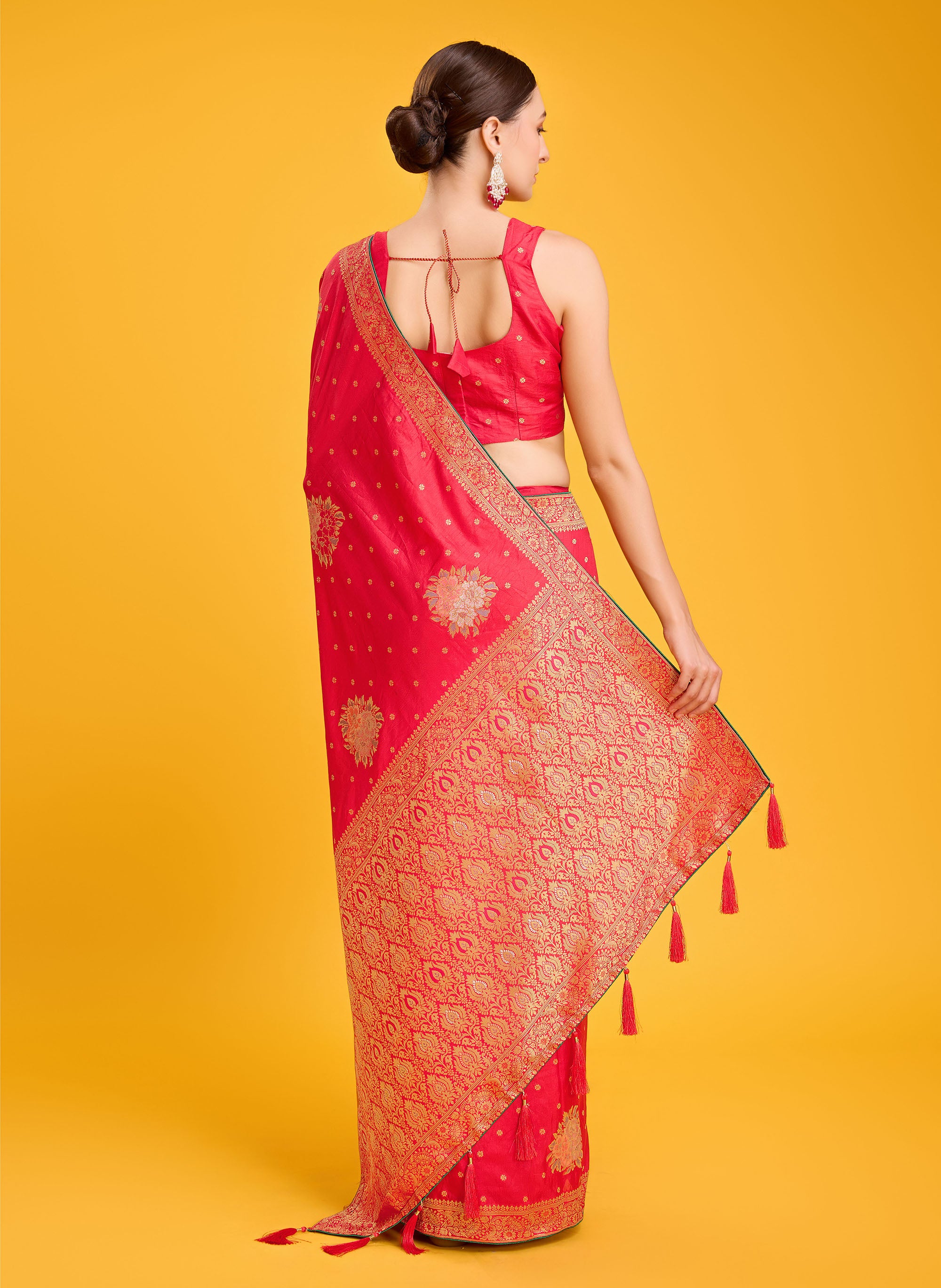 Women's Buy Designer Red Colour Dola Silk Weaving Indian Saree - Monjolika