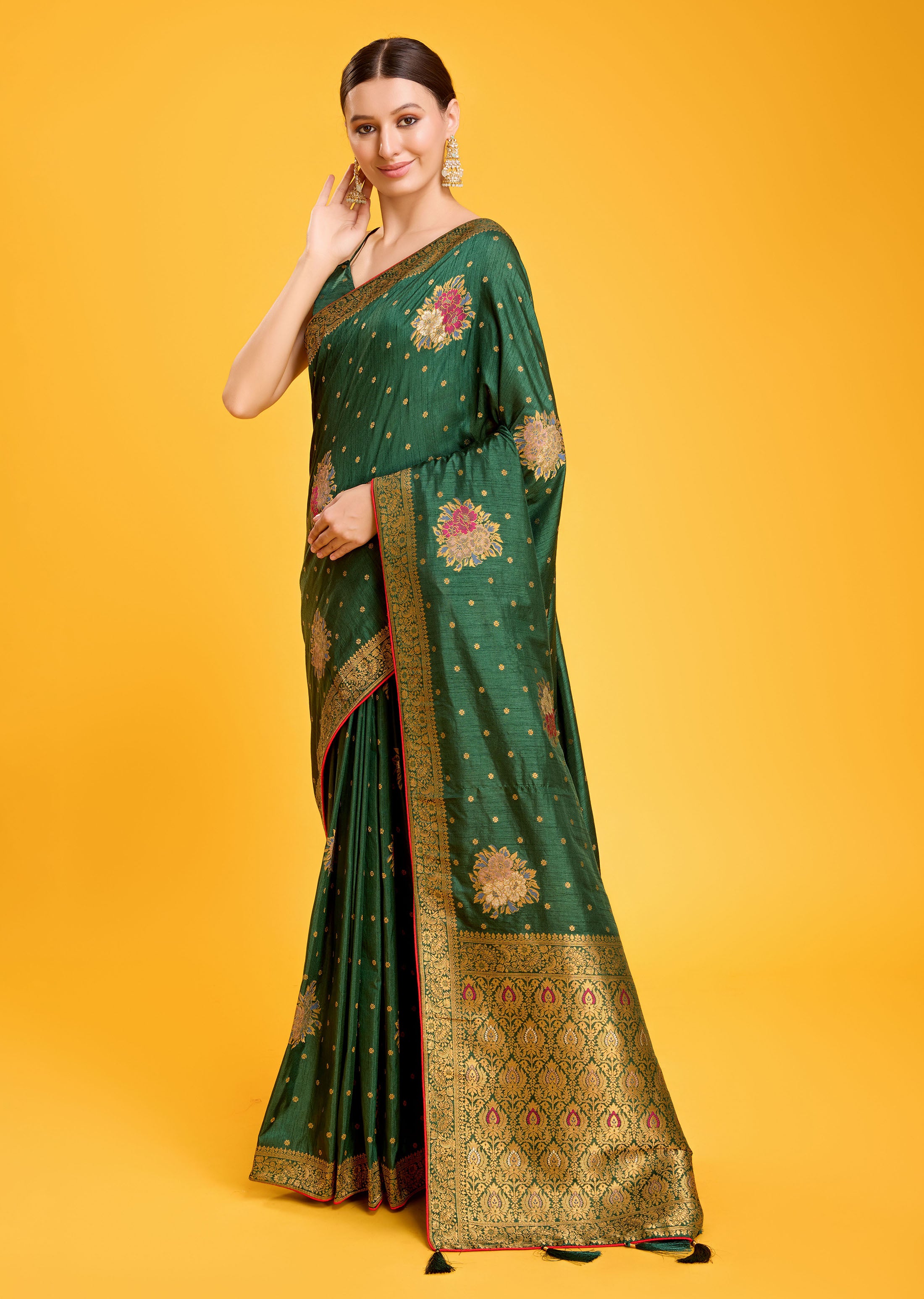 Women's Buy Designer Green Colour Dola Silk Weaving Indian Saree - Monjolika