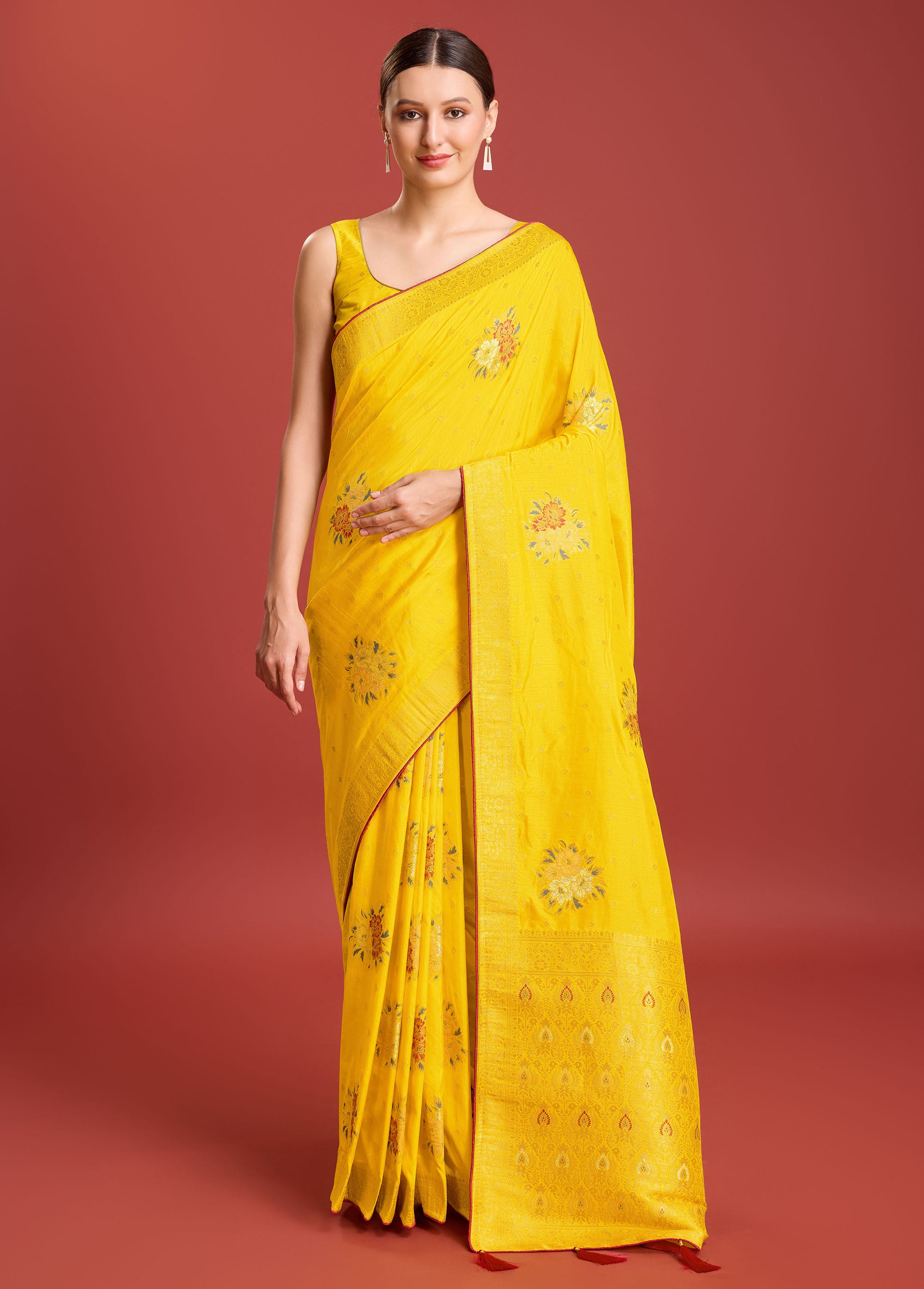 Women's Buy Designer Yellow Colour Dola Silk Weaving Indian Saree - Monjolika
