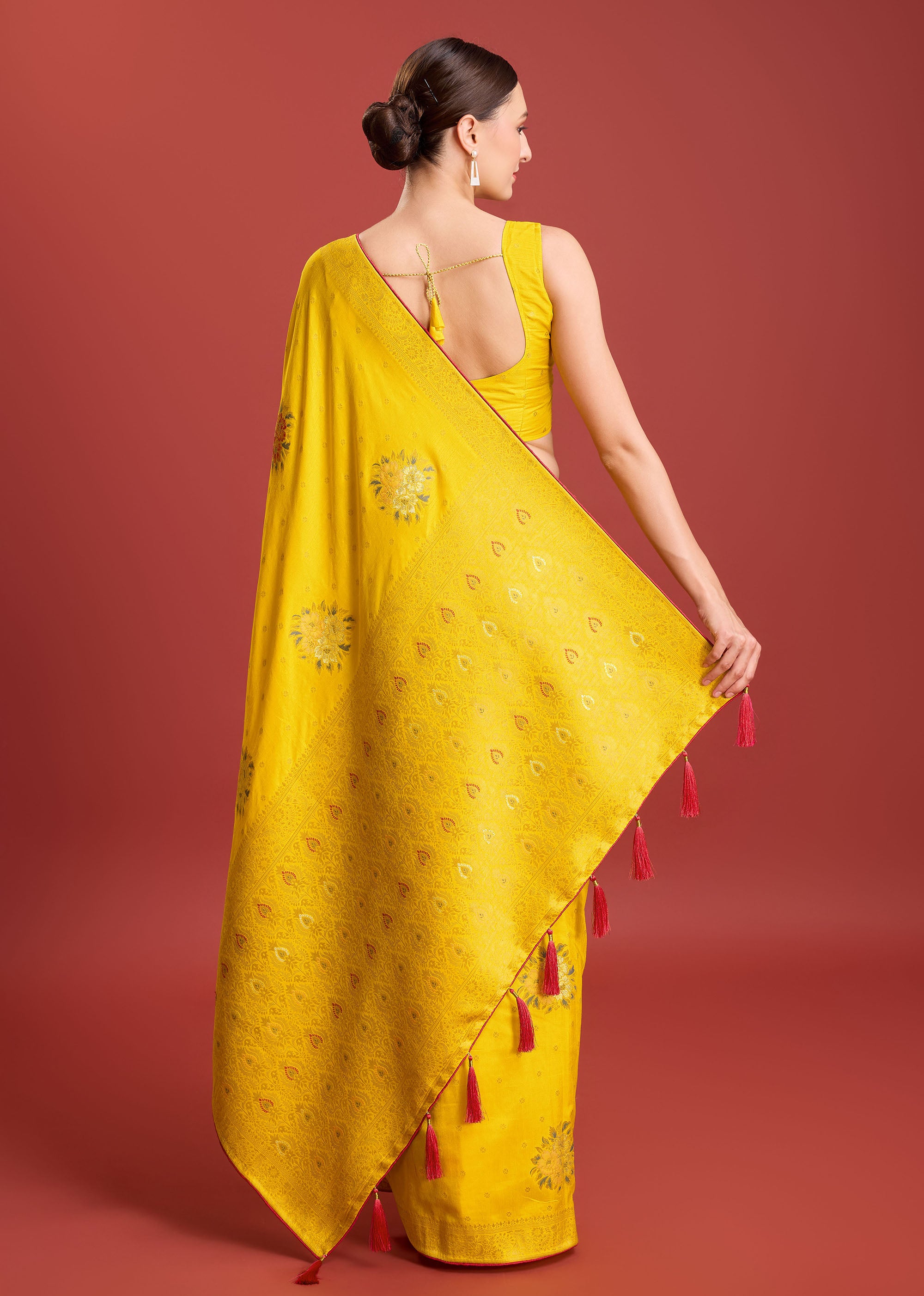 Women's Buy Designer Yellow Colour Dola Silk Weaving Indian Saree - Monjolika