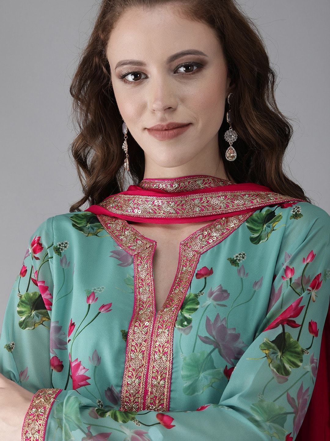 Women's  Turquoise Blue & Pink Printed Kurta with Palazzos & Dupatta