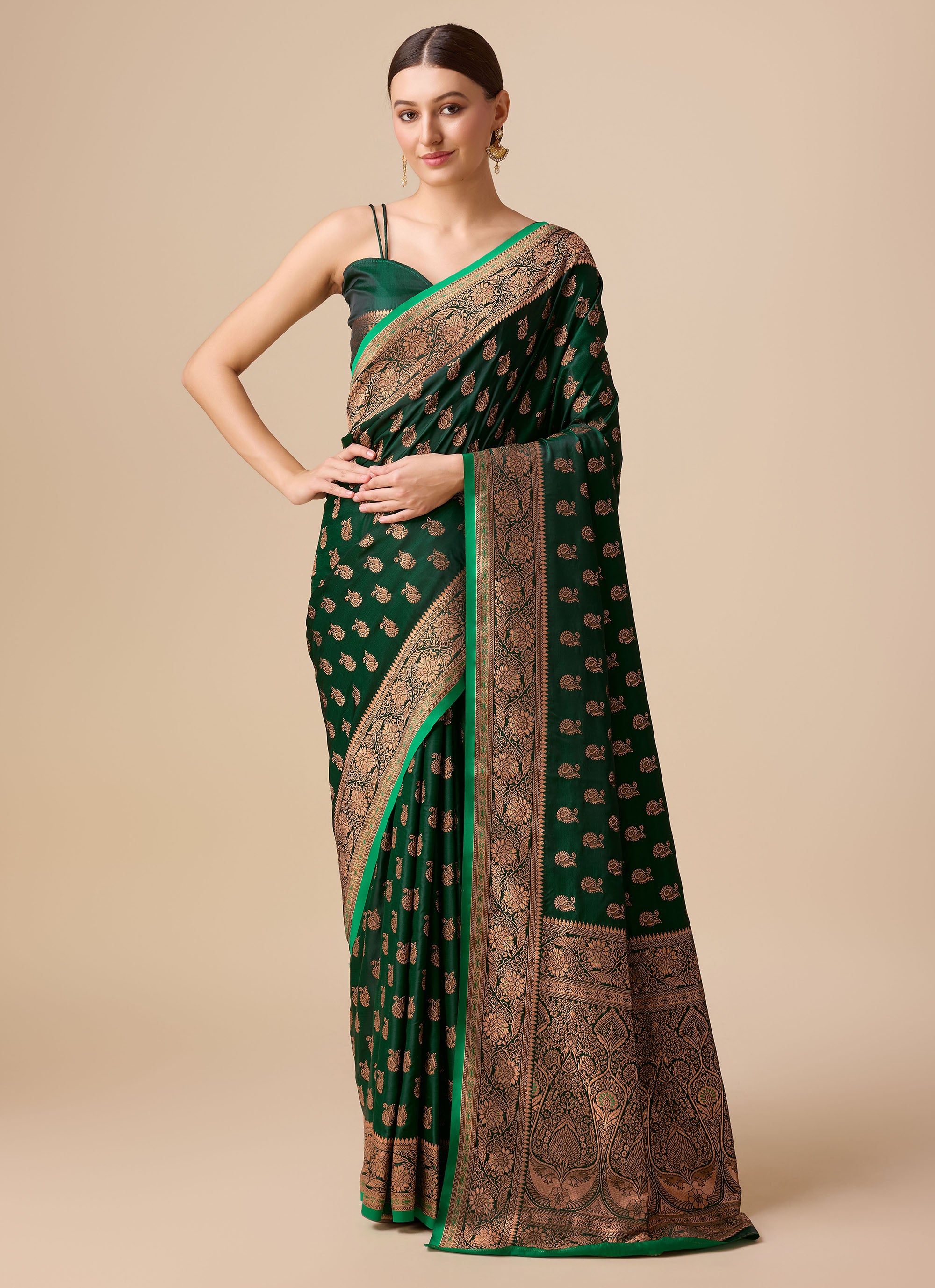 Women's Dark Green Colour Banarasi Silk Woven Saree For Women - Monjolika