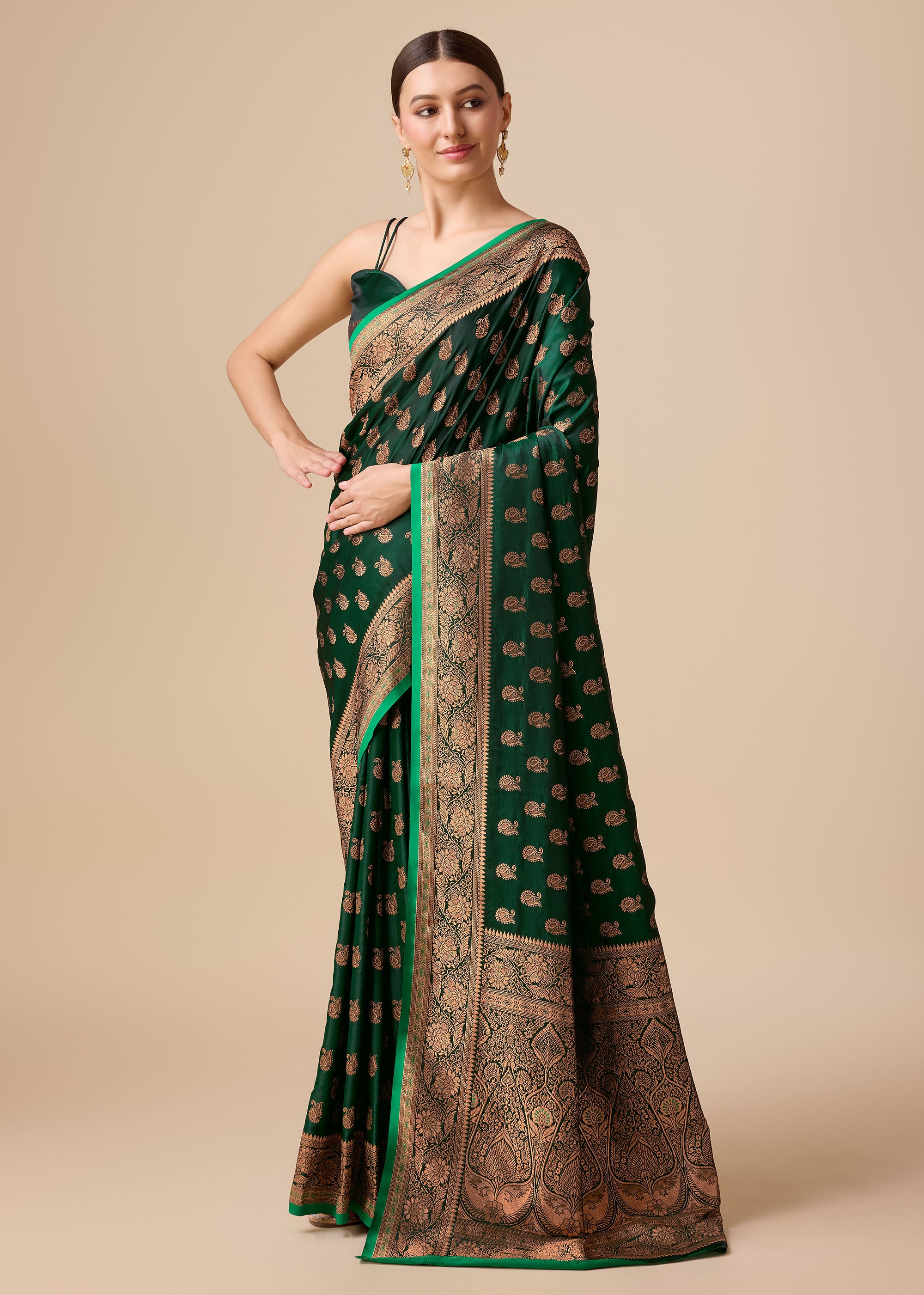 Women's Dark Green Colour Banarasi Silk Woven Saree For Women - Monjolika