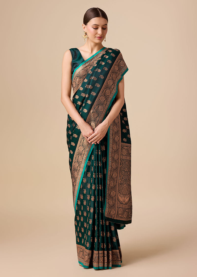 Women's Dark Teal Colour Banarasi Silk Woven Saree For Women - Monjolika
