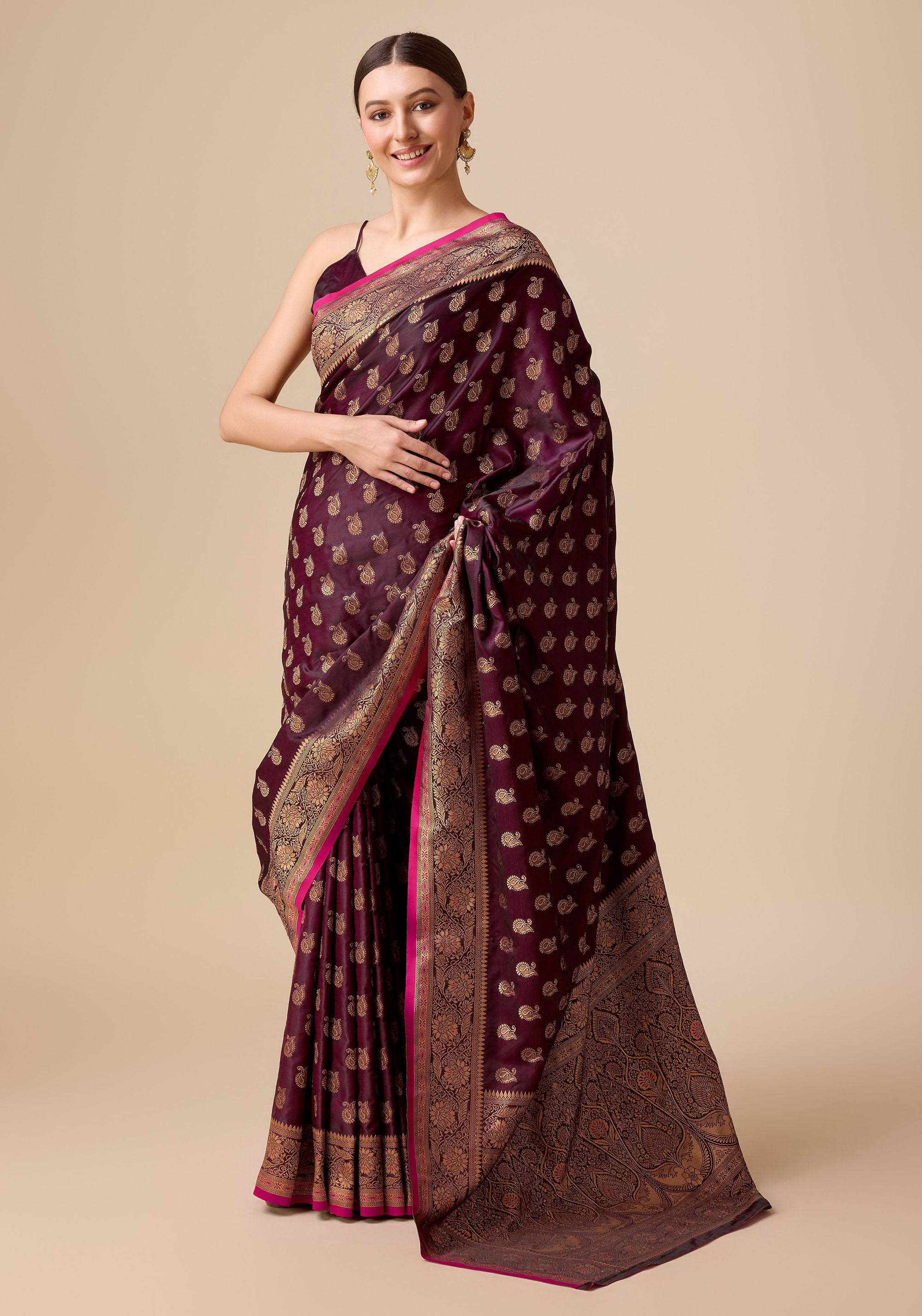 Women's Wine Colour Banarasi Silk Woven Saree For Women - Monjolika