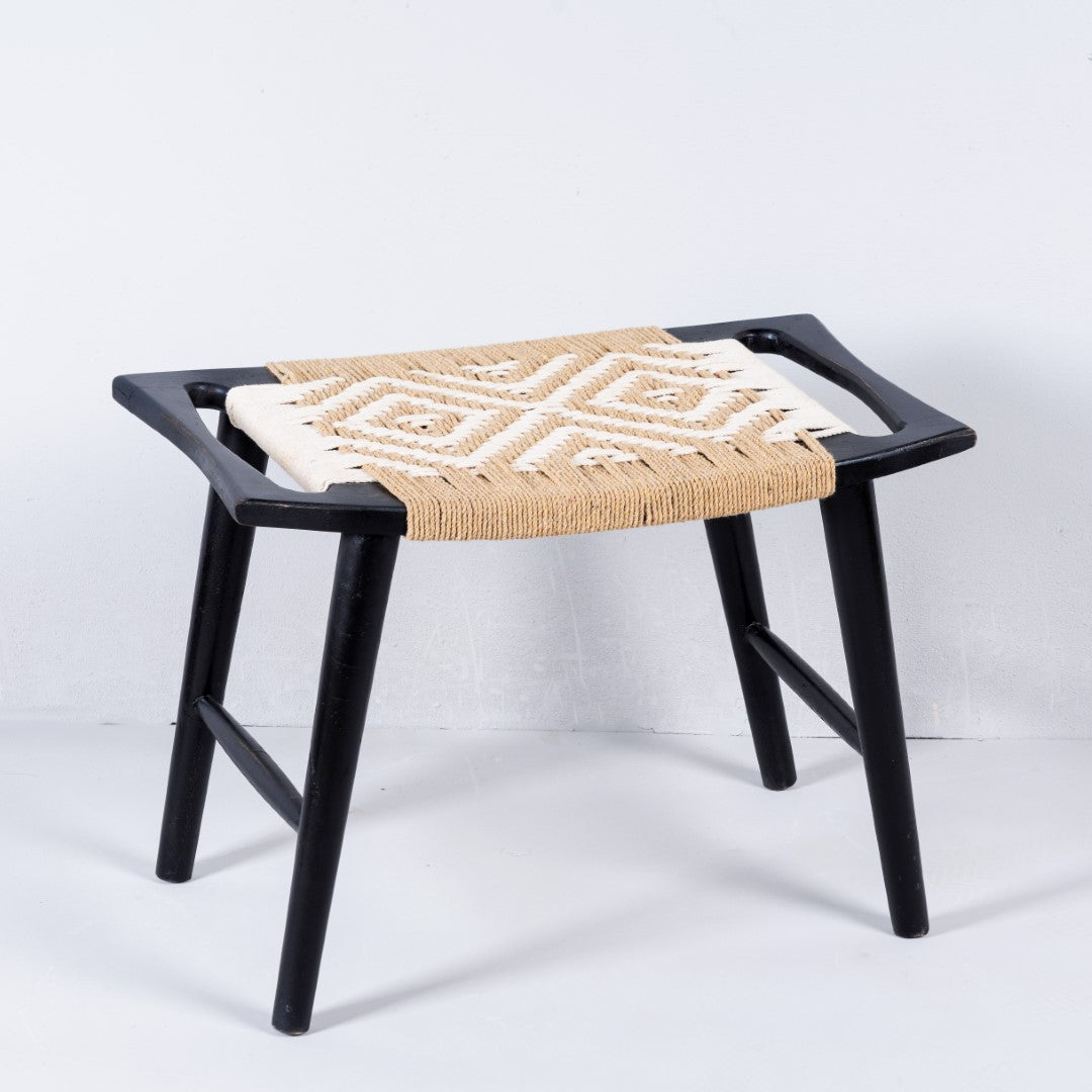 Black Wash Mango Wood Stool with Cotton Rope Details