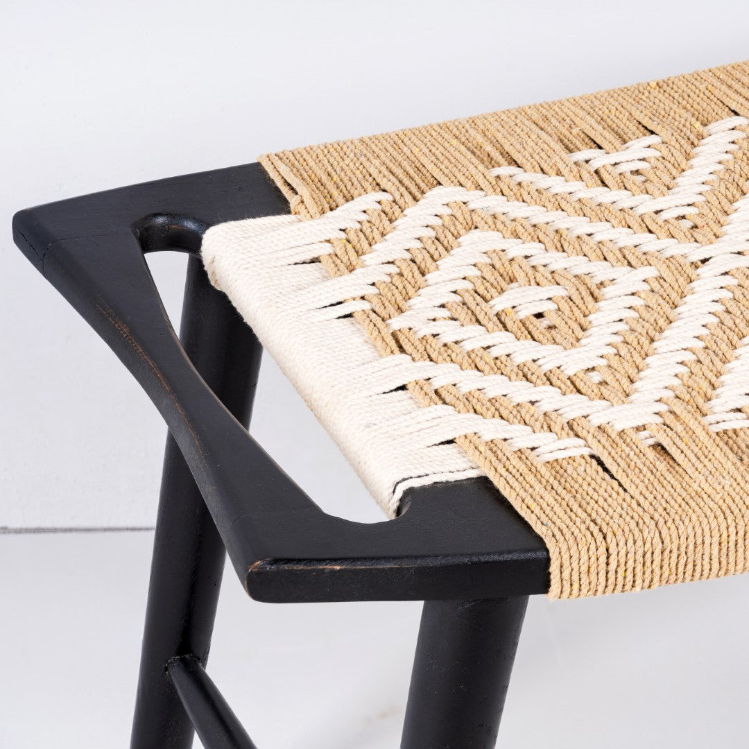 Black Wash Mango Wood Stool with Cotton Rope Details