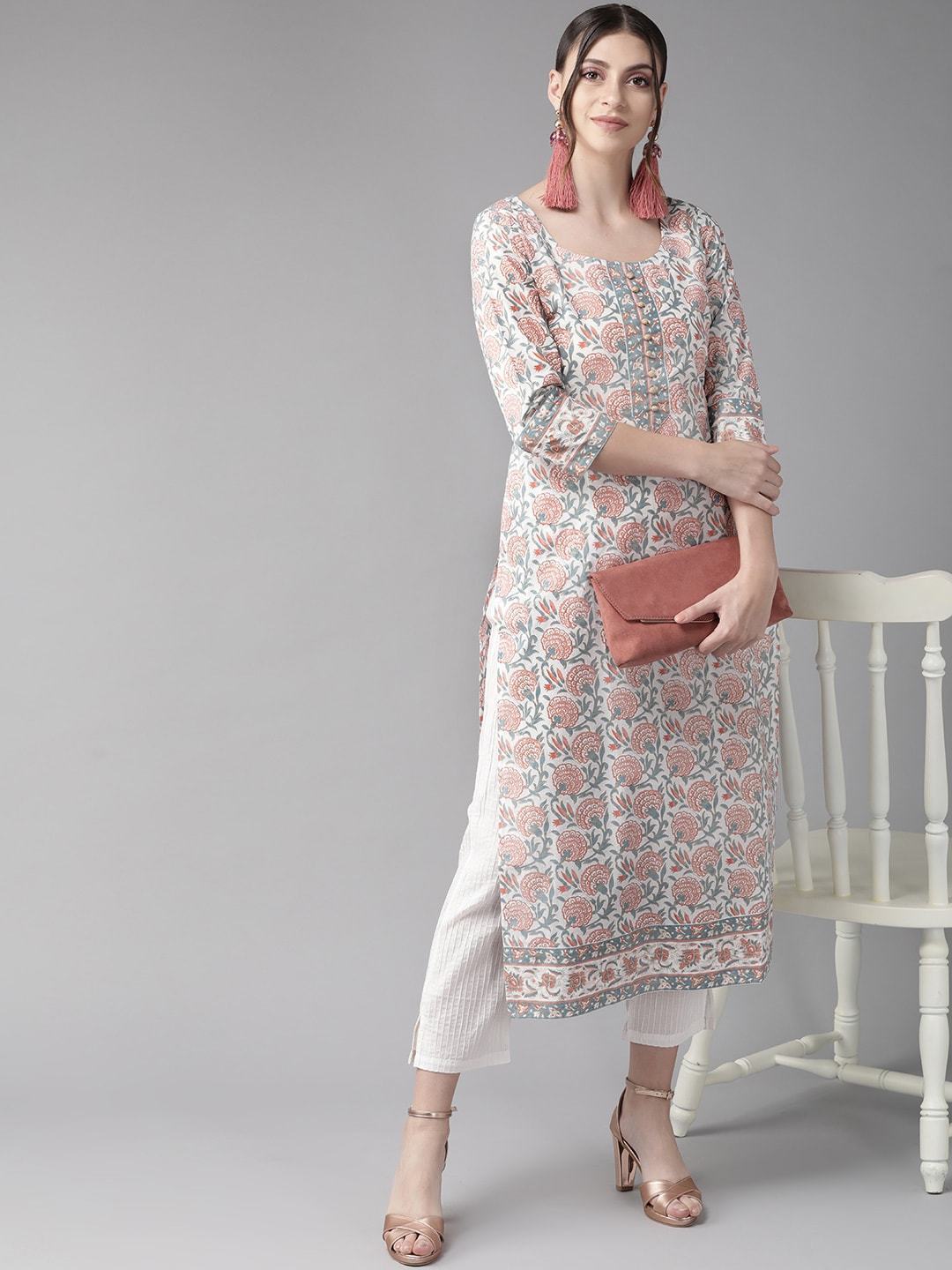 Women's  Floral Printed Straight Kurta in White & Rust Red - AKS USA
