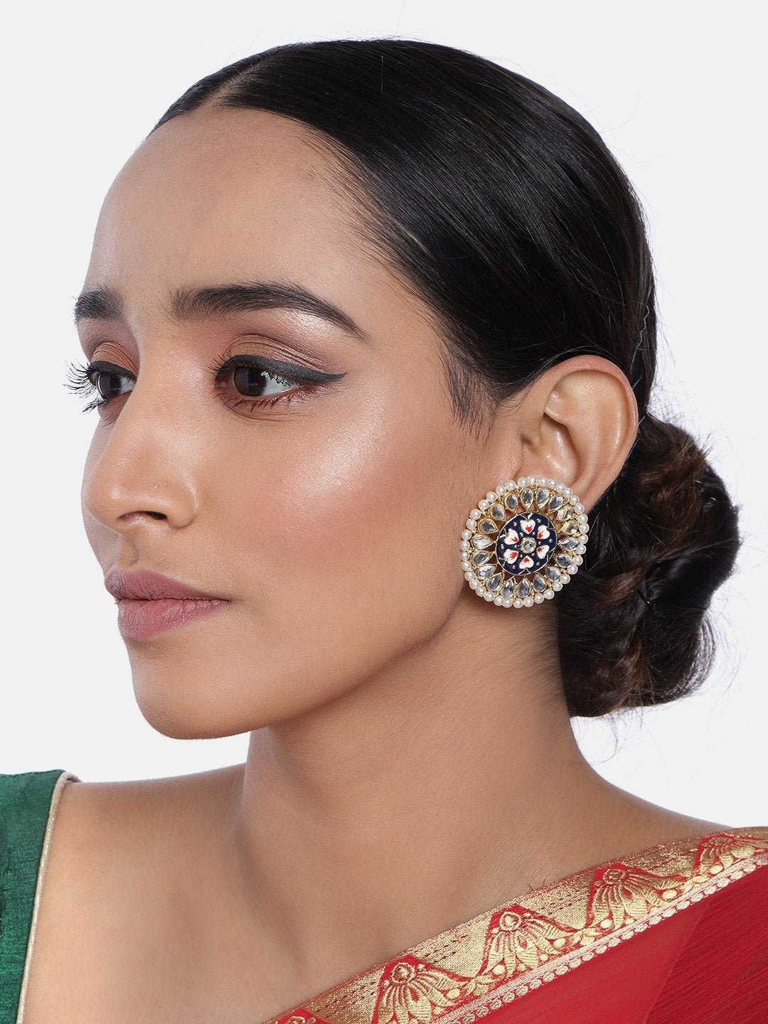 Women's  Gold Plated Round Kundan Pearl Meena Work Handcraft Blue Stud Earring
