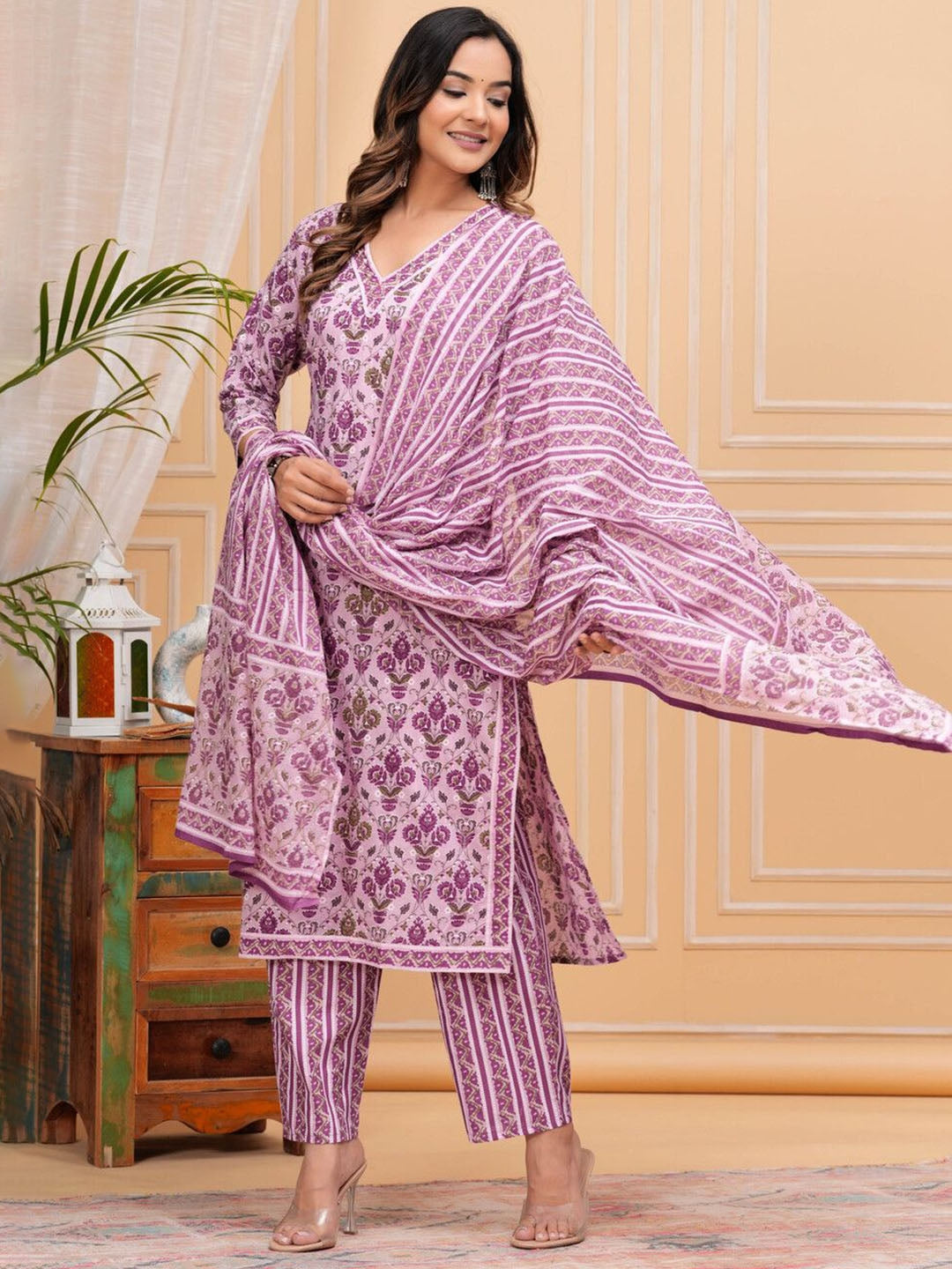 Women's Floral Printed Regular Pure Cotton Straight Kurta with Palazzos & With Dupatta - Taantav