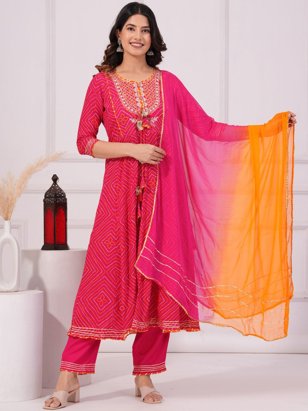 Women's Bandhani Printed Anarkali Kurta with Trousers & Dupatta - Taantav