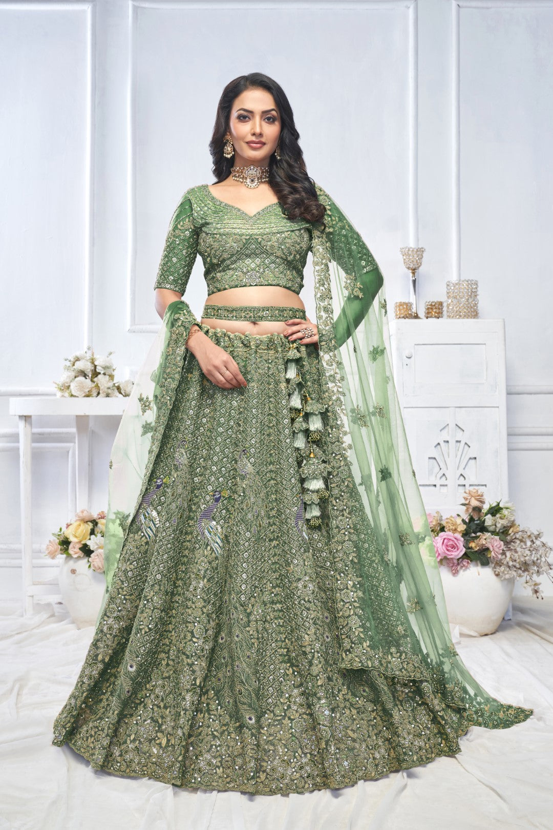 Women's Green Soft Net Embroidery Lehenga Set - Kesar Fab