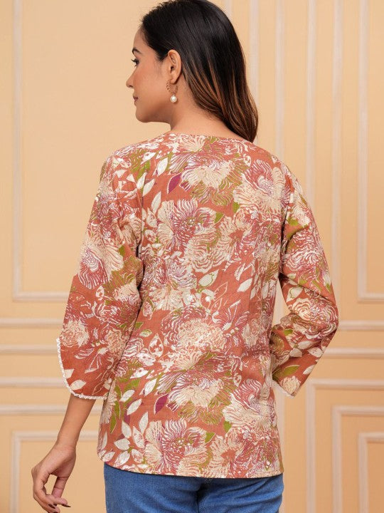 Women's Floral Print Mandarin Collar Shirt Style Top