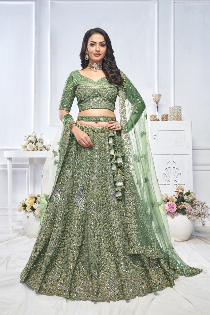 Women's Green Soft Net Embroidery Lehenga Set