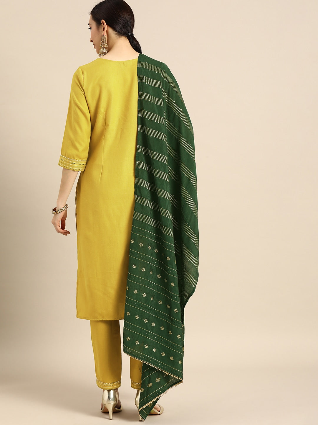 Women's Green Printed Viscose Rayon Kurta, Pant And Dupatta Set - Alvami