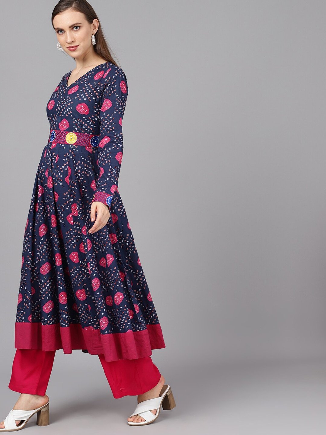Women's  Navy Blue & Magenta Bandhani Printed Anarkali Kurta -