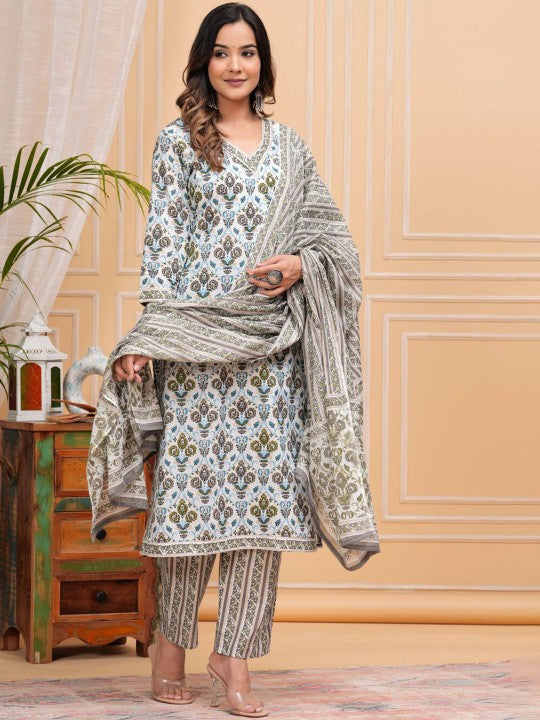 Women's Floral Printed Regular Cotton Straight Kurta with Palazzos & With Dupatta