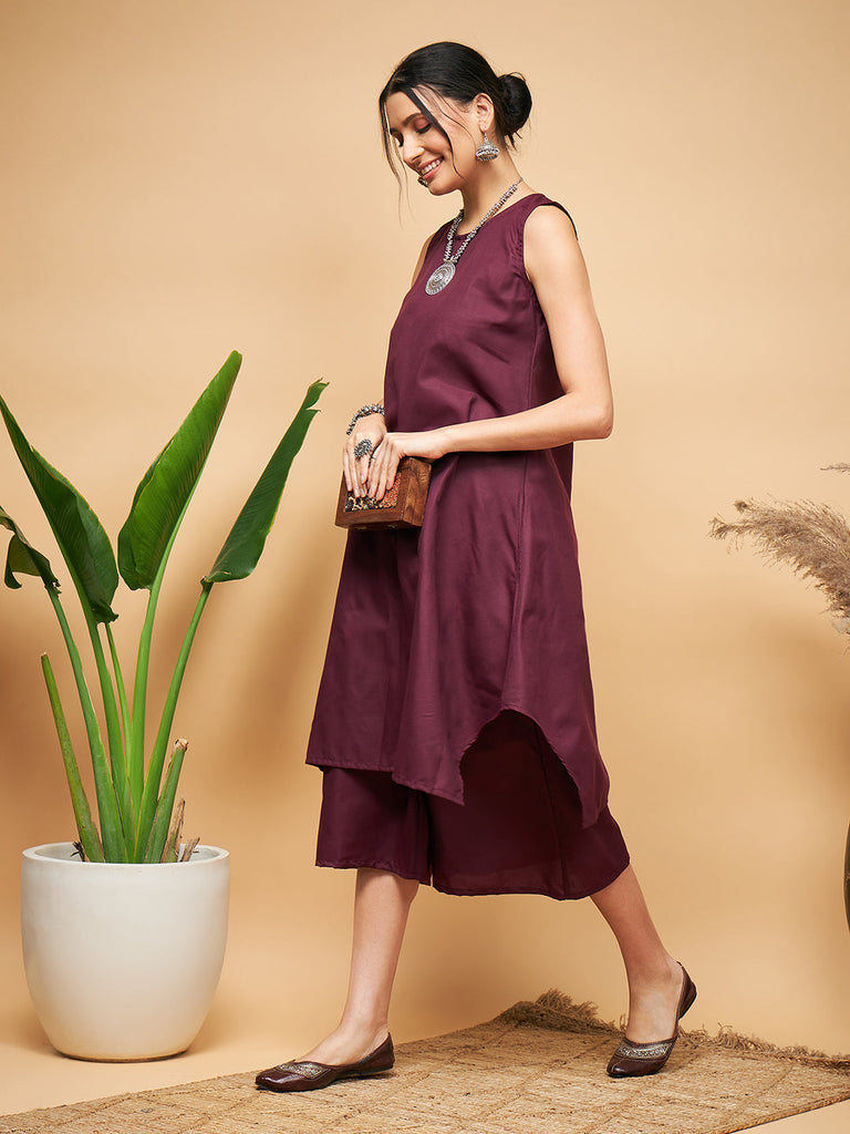 Women's Wine Solid Short Kurta Palazzo Set