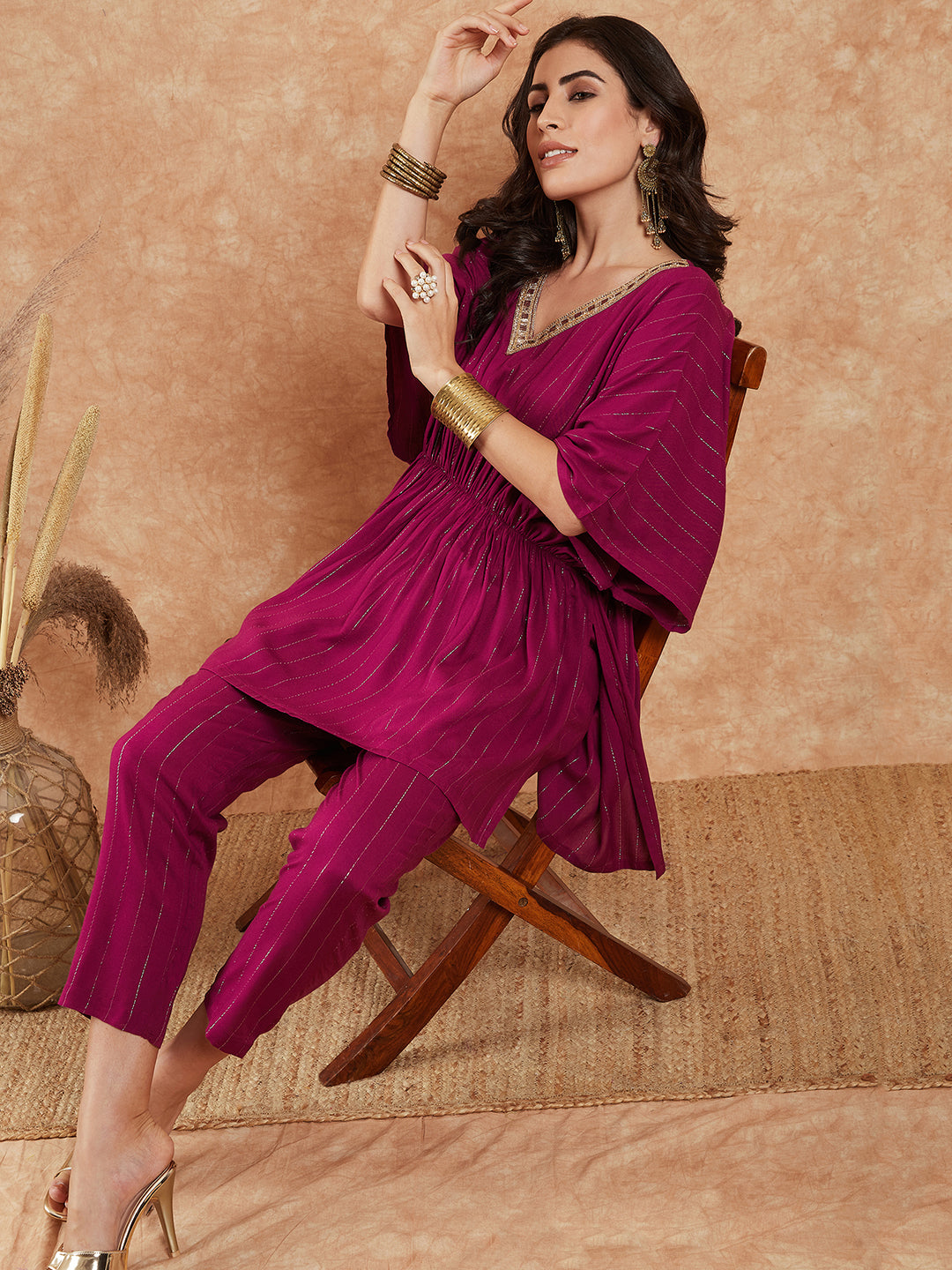 Women's Magenta Lurex V Neck Gota Kaftan Style Kurta Set - InWeave