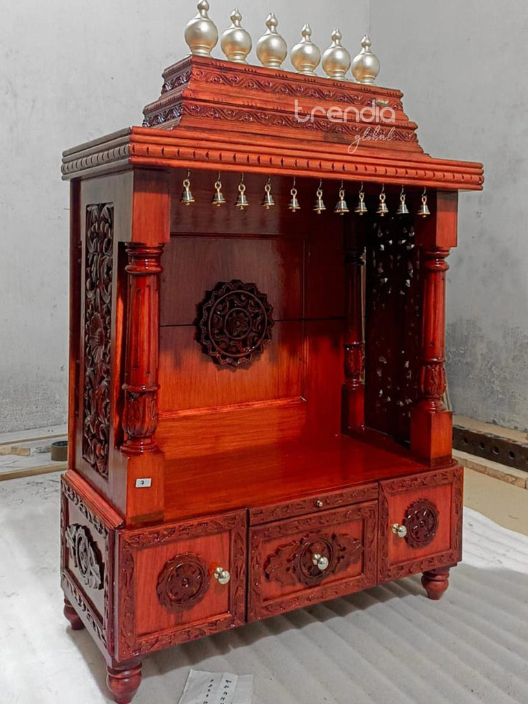 Solid Teak Wood Pooja Mandir with Temple Bells