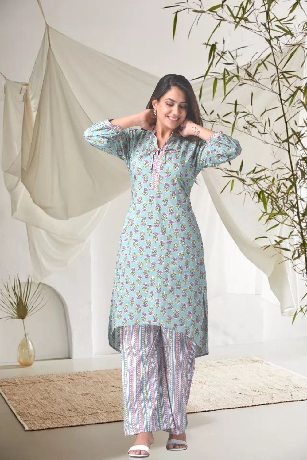 Women's Cotton Green Floral Printed Hilo Kurta Pants Set - (Set Of 2) - Nangalia Ruchira