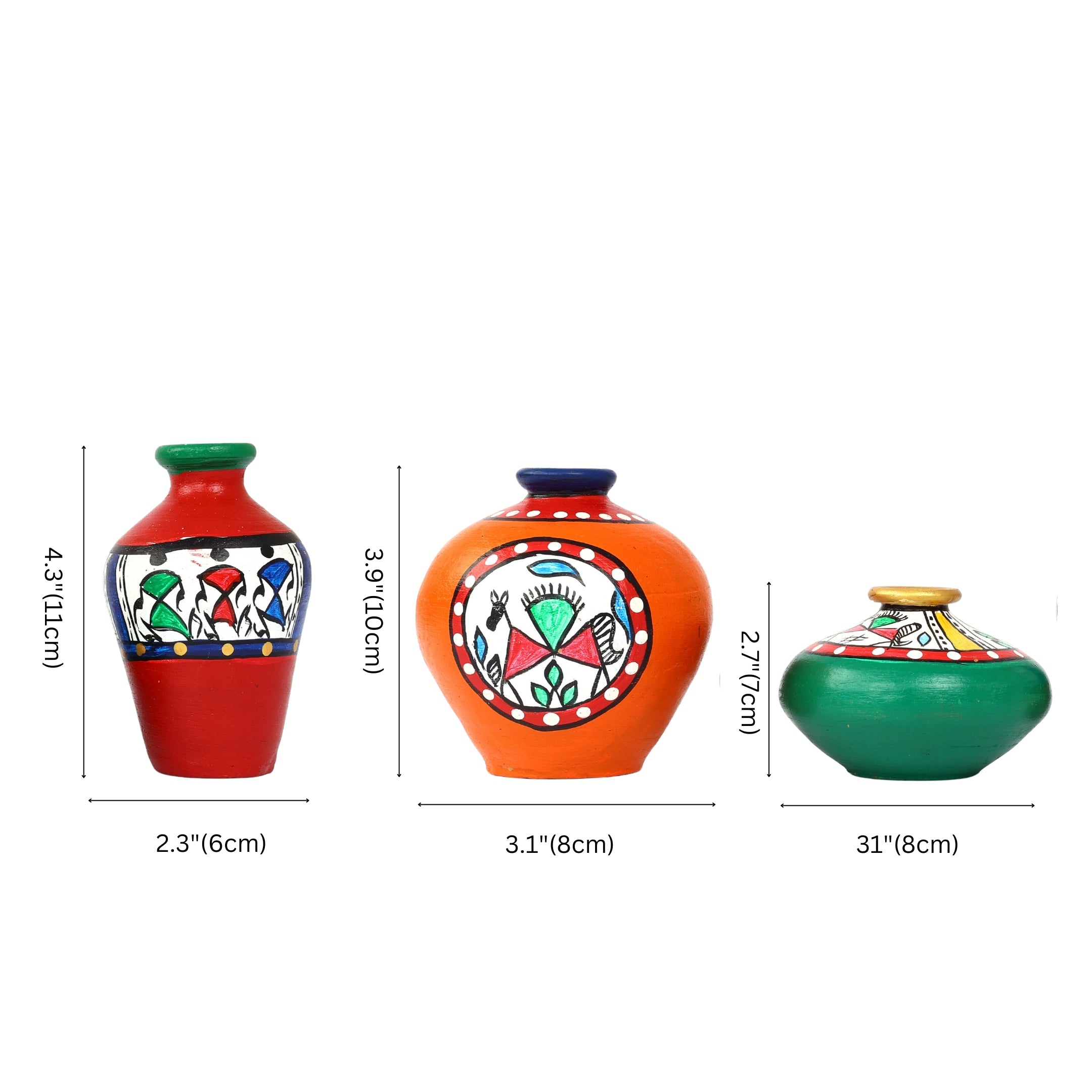 Multicoloured Handcrafted Terracotta Pots for Home Decor - Set of 3 - Warli Hand Painting - Natriel