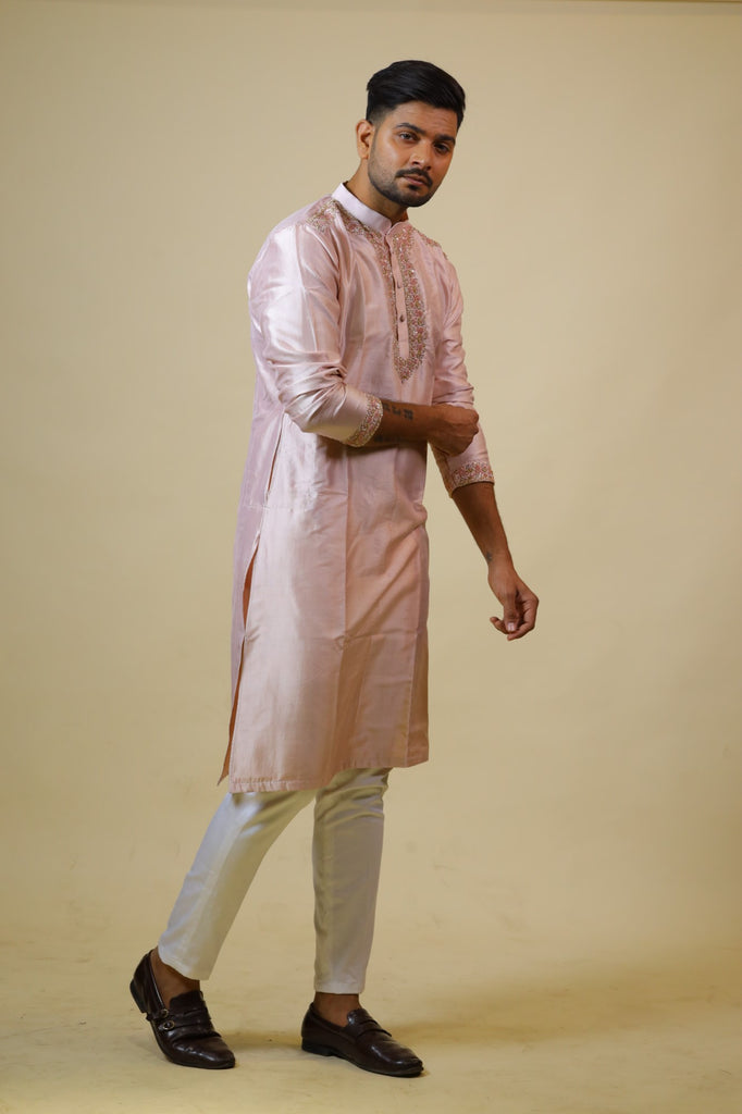 Men's Pink Color Light Coral Embroidered Collar Designer Kurta Dupion