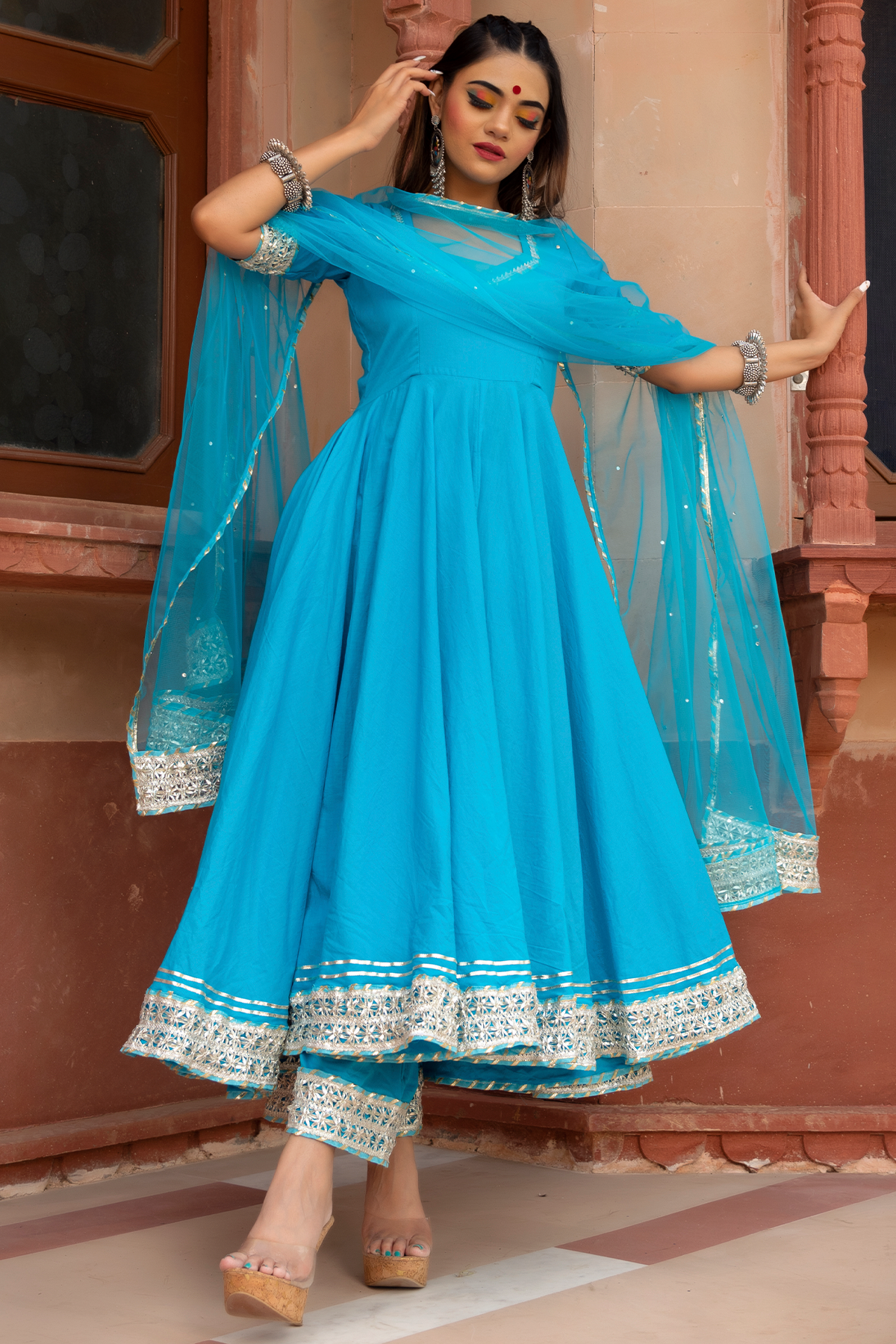 Women's Sky Blue Cotton Anarkali Kurta with Pant & Dupatta (3pcs Set) - Pomcha Jaipur USA