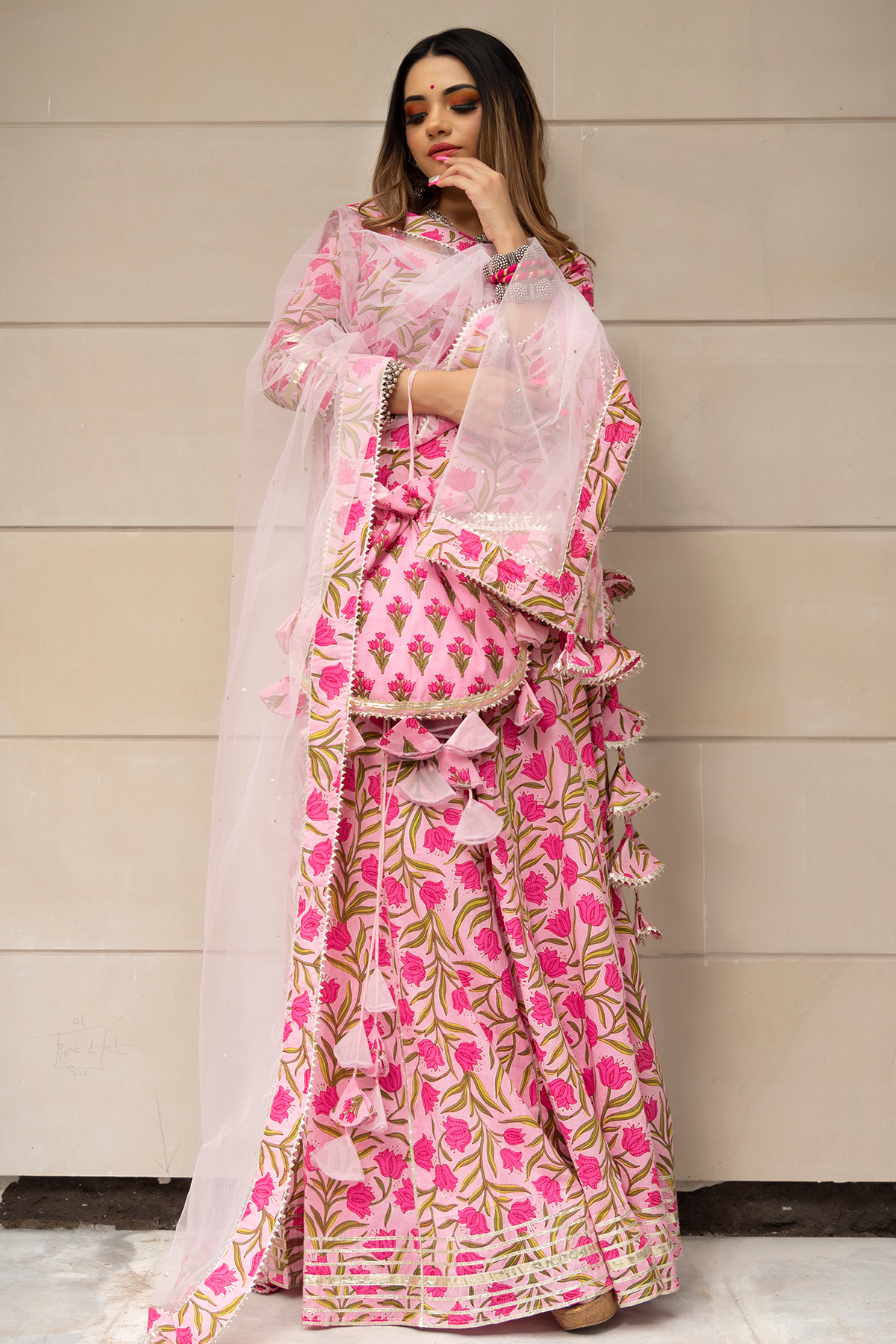 Women's Tulsi Pink Cotton Hand Block Skirt Set