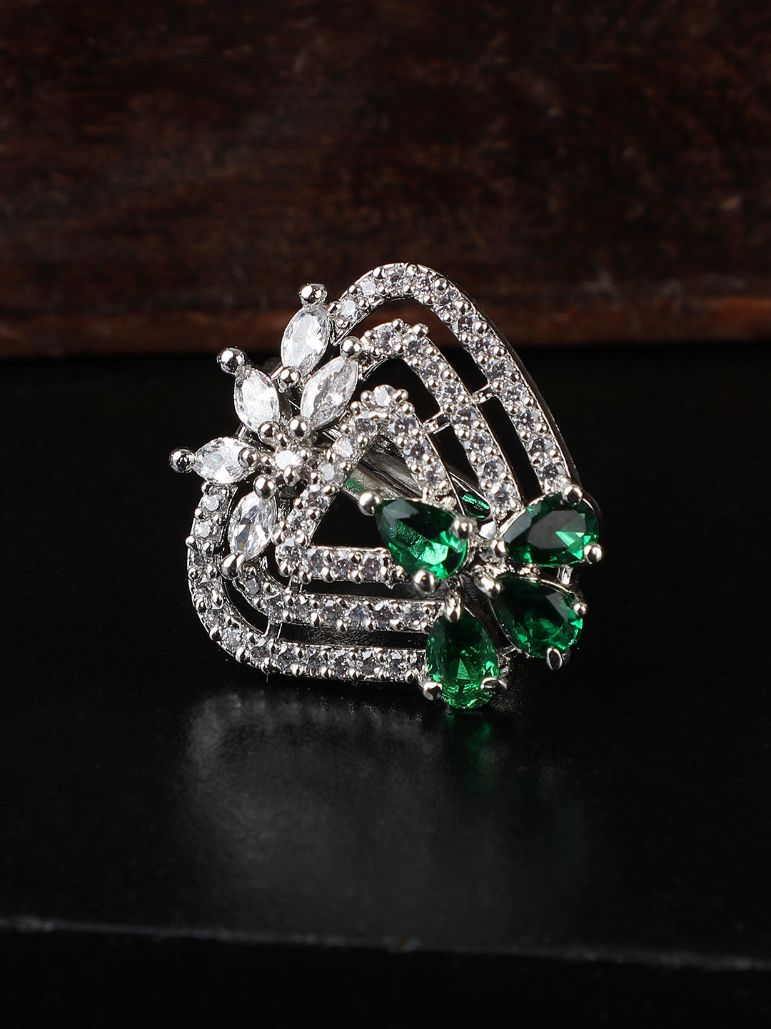 Women's Silver-Plated Green & White Ad-Studded Adjustable Finger Ring
