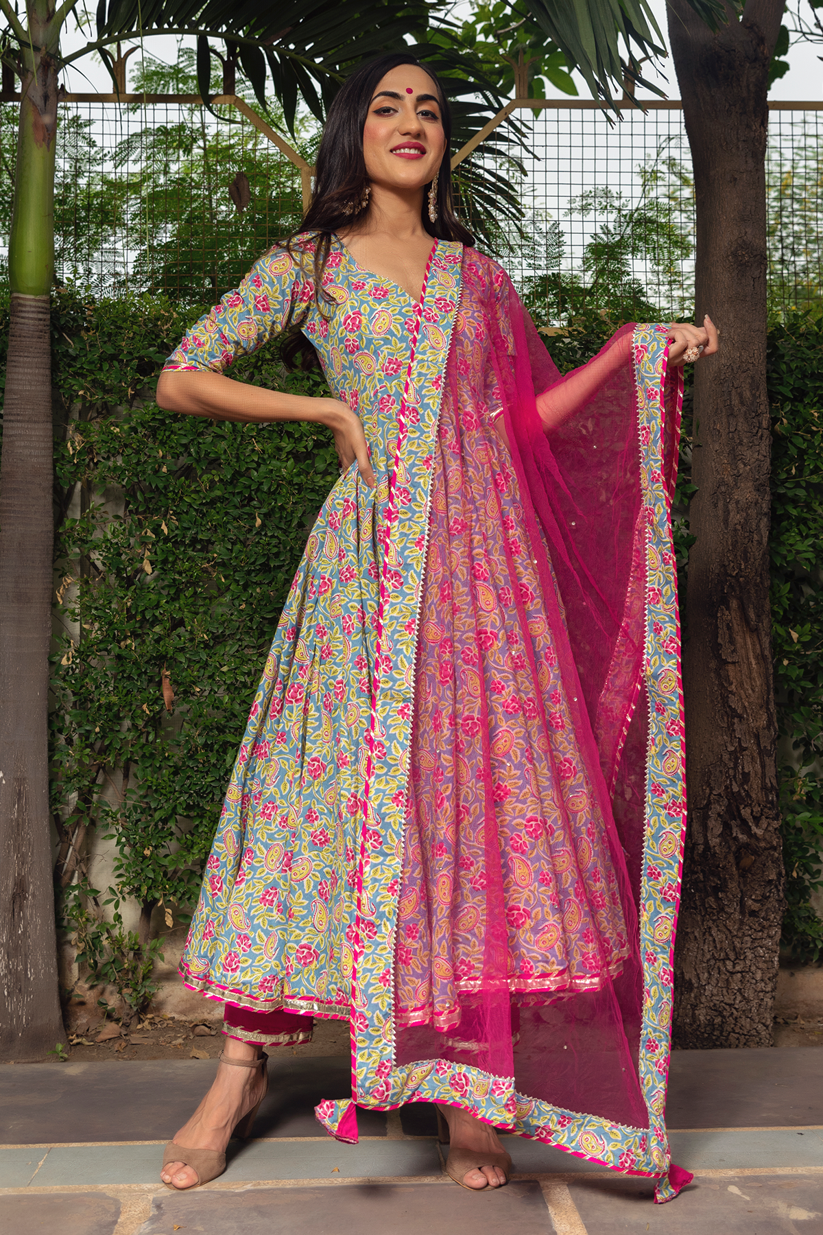 Women Multicolor Cotton Anarkali Kurta with Pant