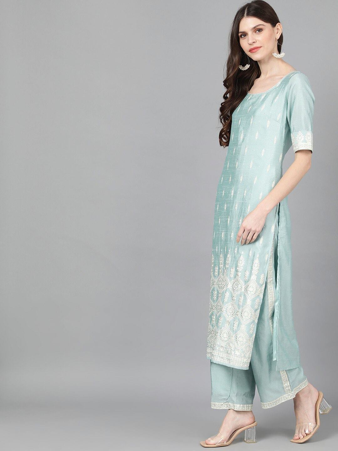 Women's  Blue & White Foil Printed Kurta with Palazzos