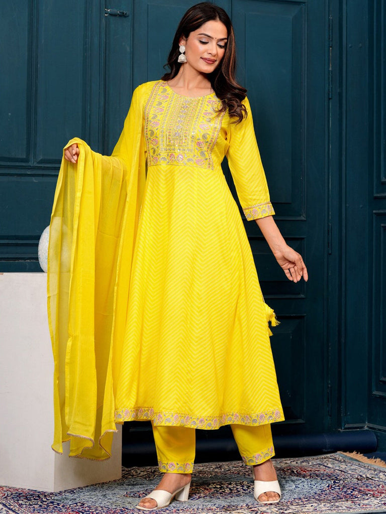 Women's Floral Yoke Design Sequined Anarkali Kurta & Palazzos With Dupatta