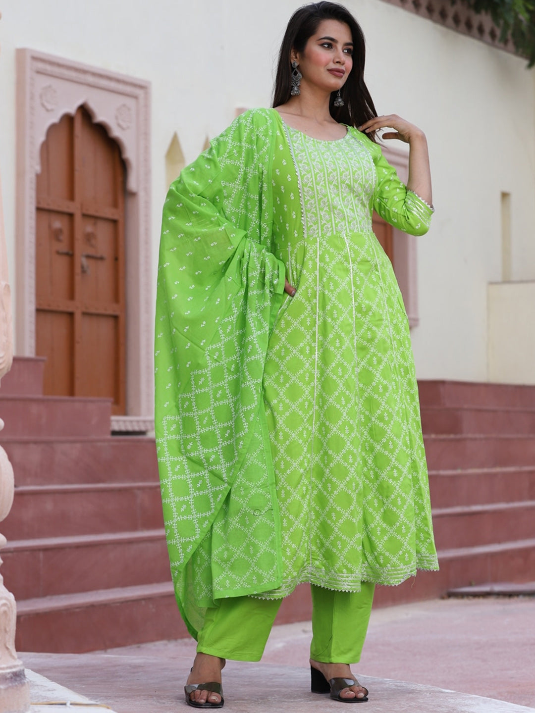 Women's Ethnic Motifs Printed Gotta Patti Flared Kurta With Palazzos & Dupatta - Taantav