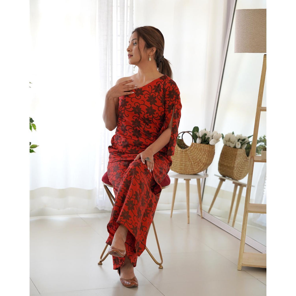 Women's Red One Shoulder Kurta Palazzo Set