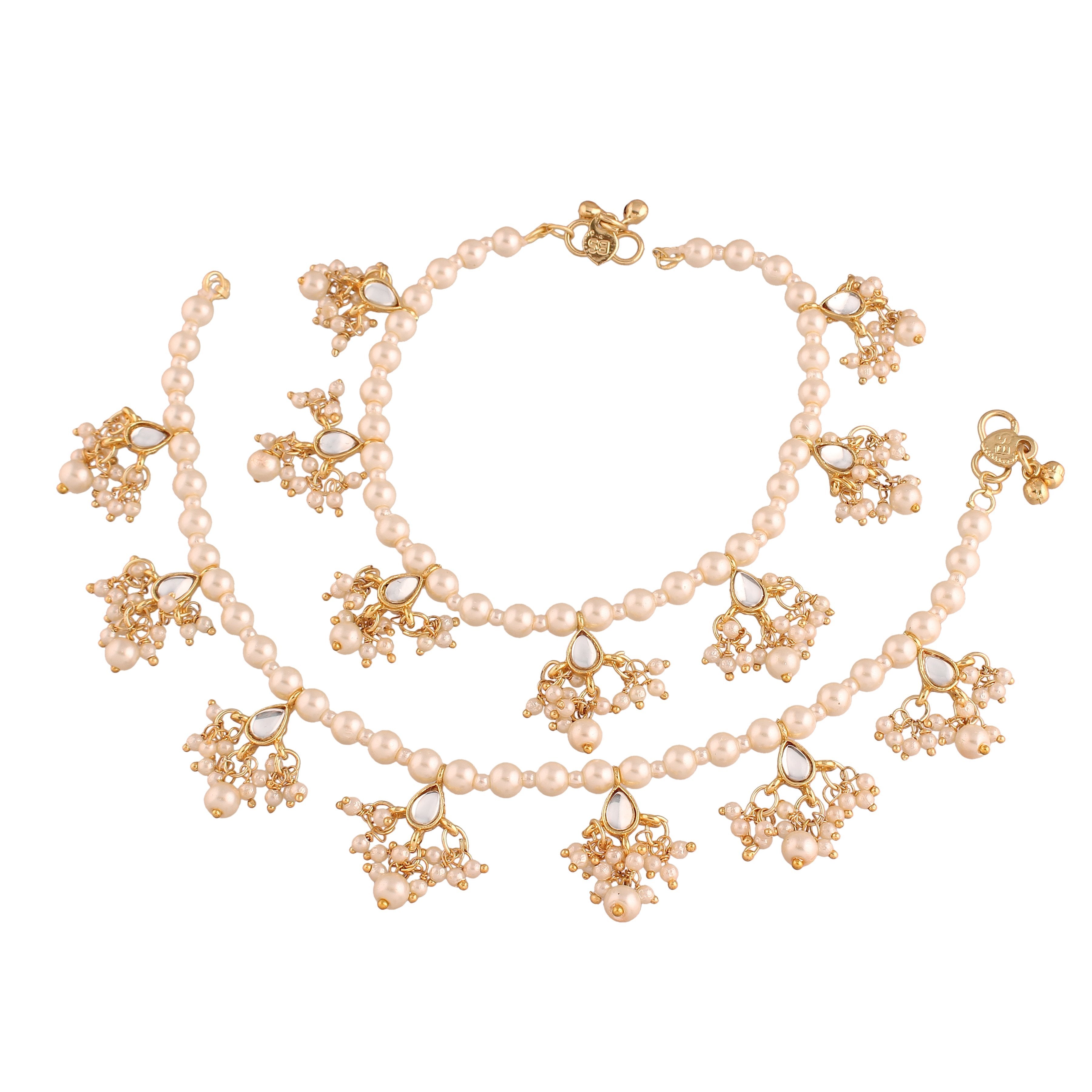 Women's Gold Plated Encased With Faux Kundan & Pearls Adjustable Pair Of Bridal White Anklets Payal