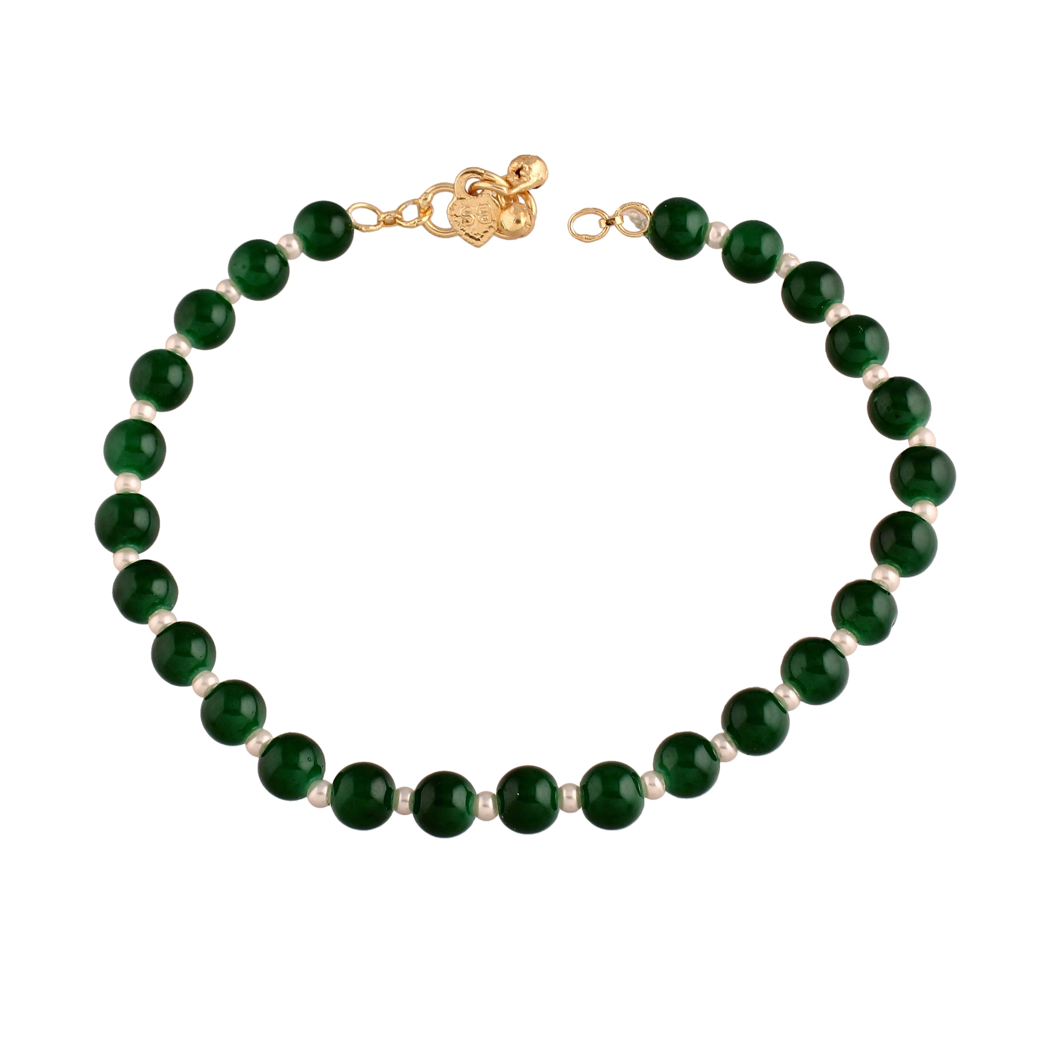 Women's Adjustable Pearl & Green Beads Single Anklet Payal Bracelet