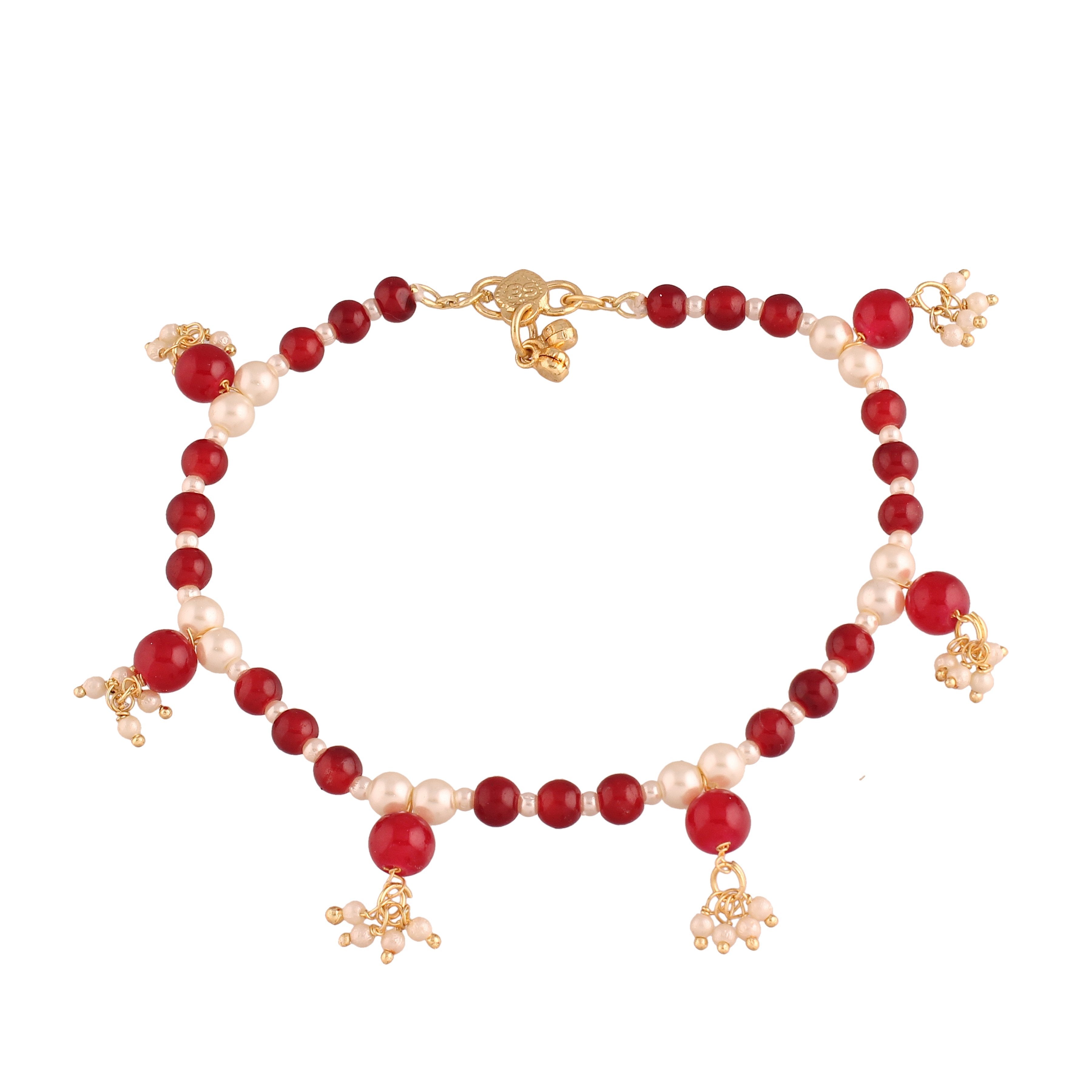 Women's Adjustable Pearl & Maroon Beads Single Anklet Payal Bracelet