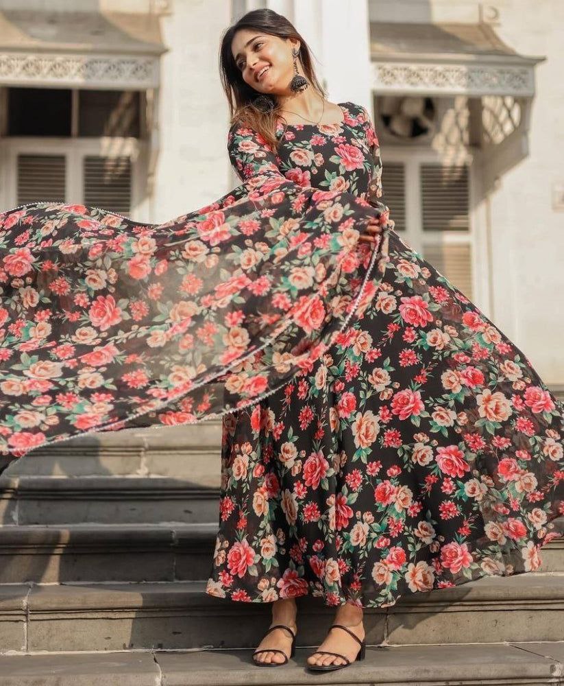 Women's Floral Printed Knee Length Elbow Length Sleeves Round Neck Kurti And Palazzo Set With Net Dupatta